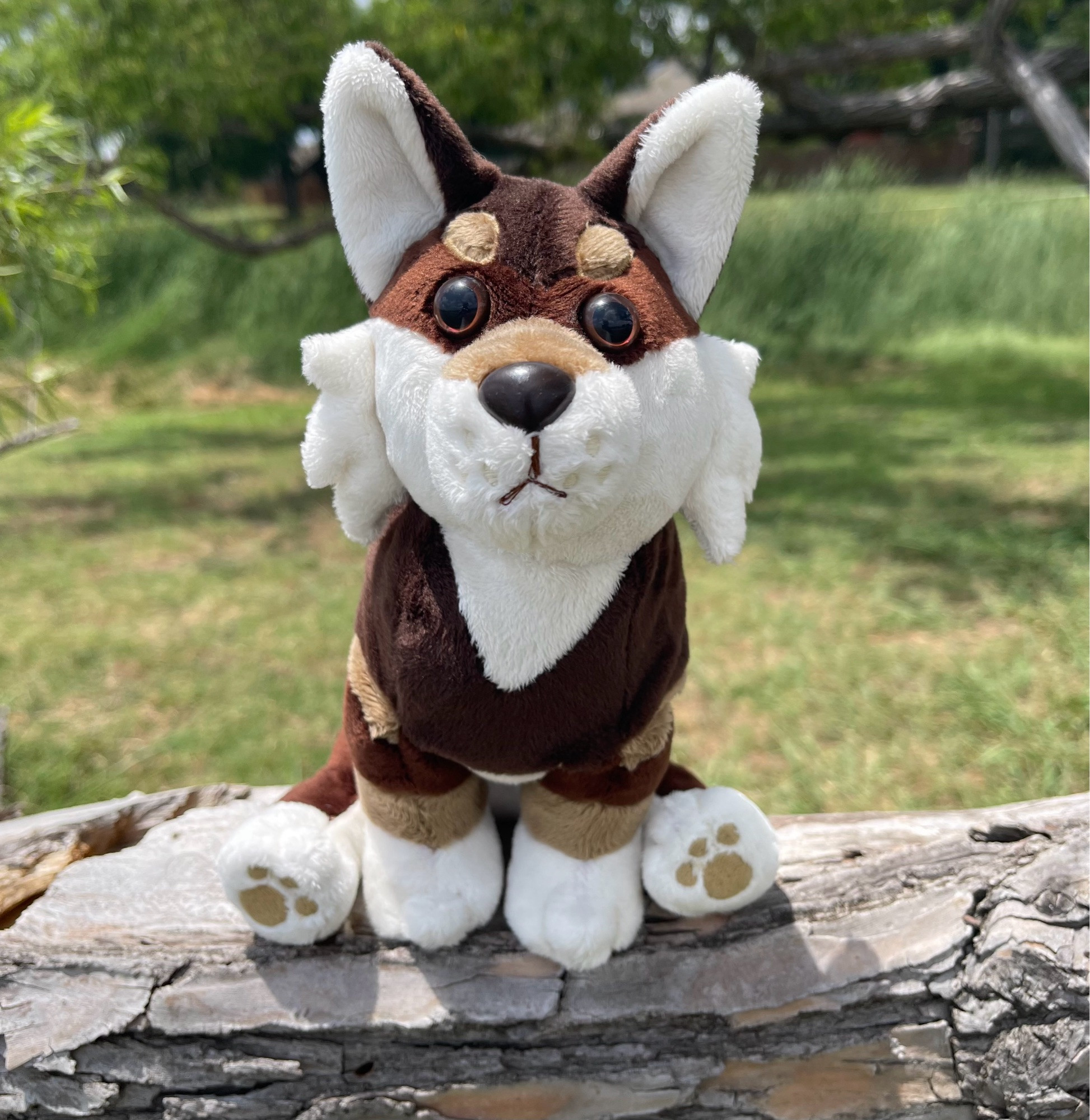 handmade plush of a brown and white wolf, the plush is sitting on a tree branch