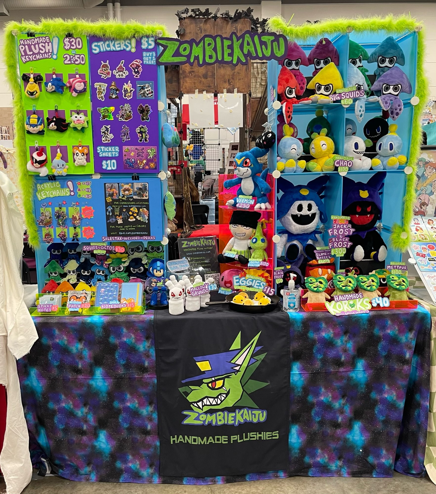 booth at Dallas Fan Festival convention with lots of handmade plushies and other items