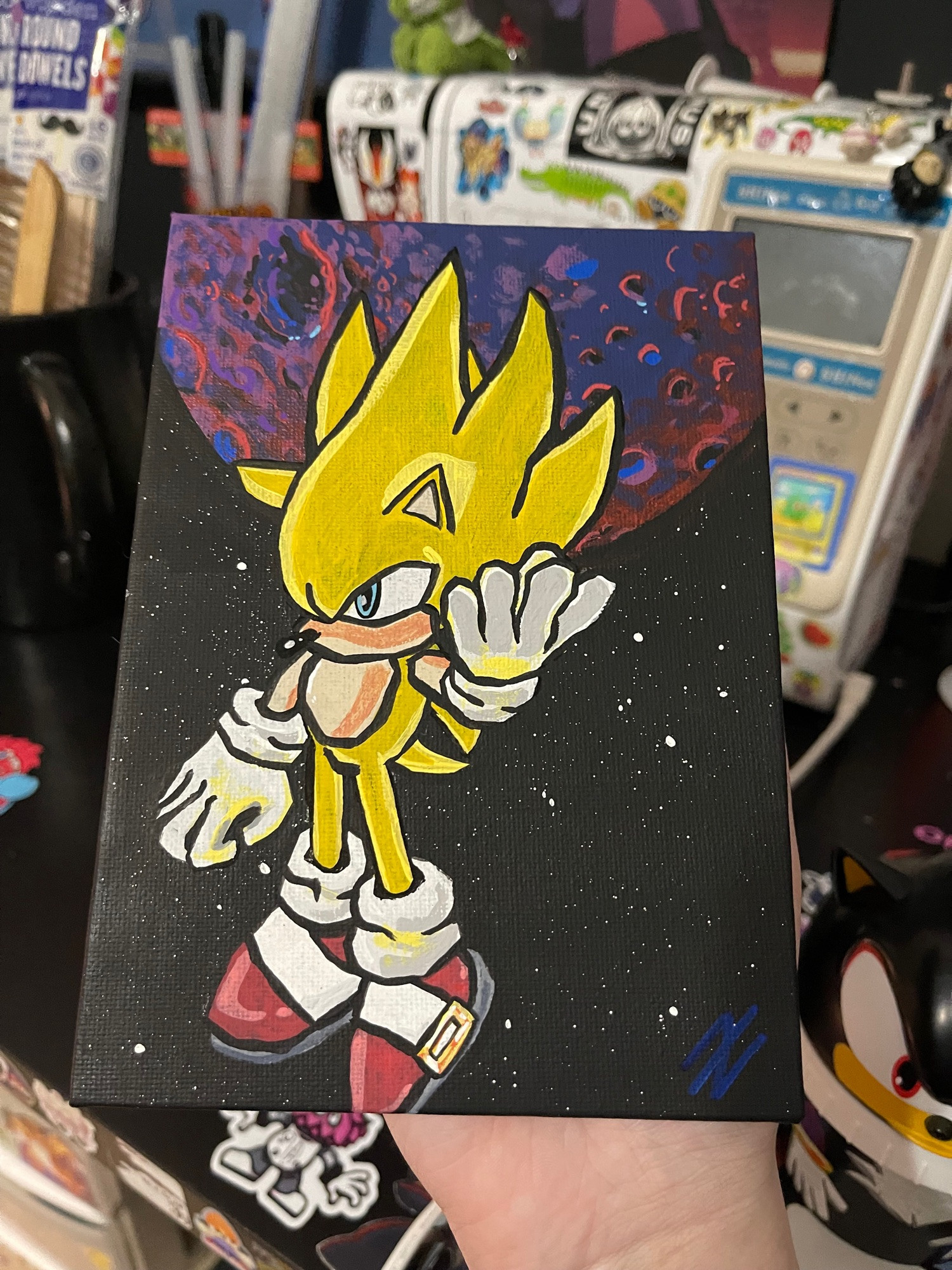 physical painting of Super Sonic 2 from Sonic Frontiers done in acrylic paint, with a background consisting of space with The End (from Sonic) at the top