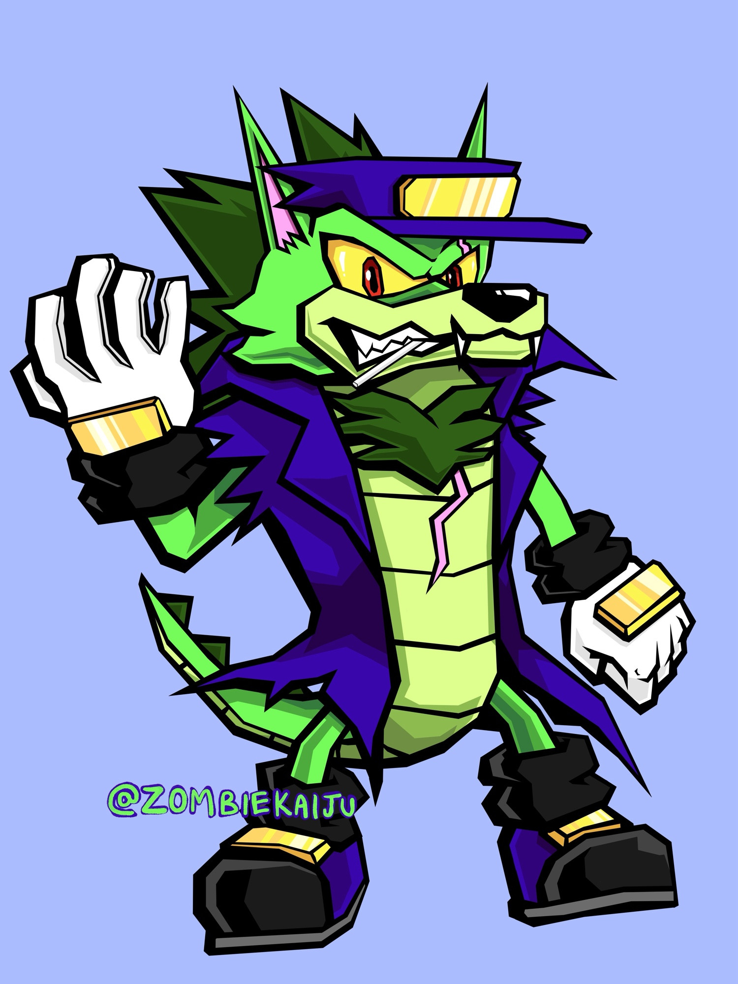 digital art of a green alligator/wolf-like anthro character named Kaiju, wearing a purple long coat, with black and purple shoes with gold metal plate on top, white gloves with black trim and good metal plates, and a purple hat thats ripped in the back to fit over his pointy ears and with a gold plate on front.  he also has bushy darker green hair on his chest, and the back of his head.  He is drawn in the style of a character from Sonic the Hedgehog.  He has yellow eyes with red iris.  The stick of a lollipop is coming out of his mouth