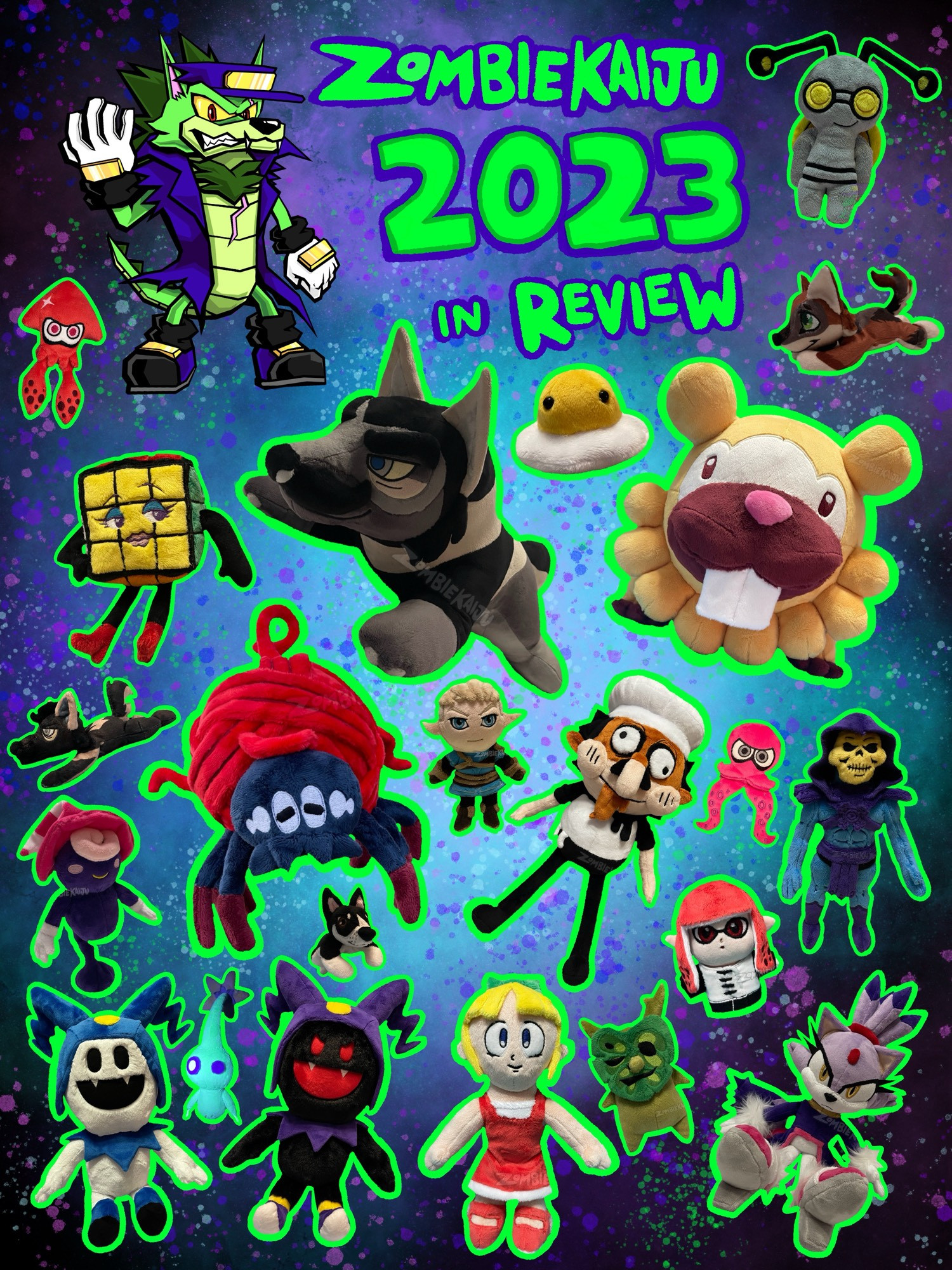 graphic that says: “ZOMBIEKAIJU 2023 IN REVIEW”, next to digital art of the mascot Kaiju in the style of a Sonic character, featuring lots of handmade plush of various characters with a lime green outline, arranged on a neon color and space themed background like a sticker sheet.