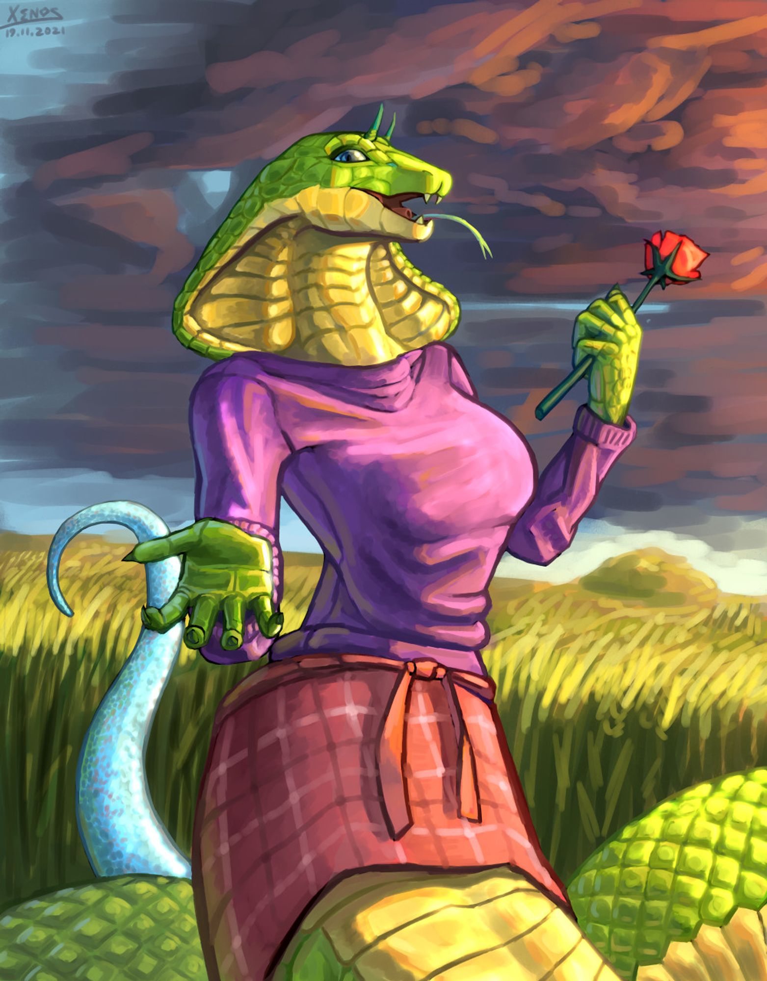 A horned snake woman standing in the middidle of a field. She's been given a rose, and she's happy about it.