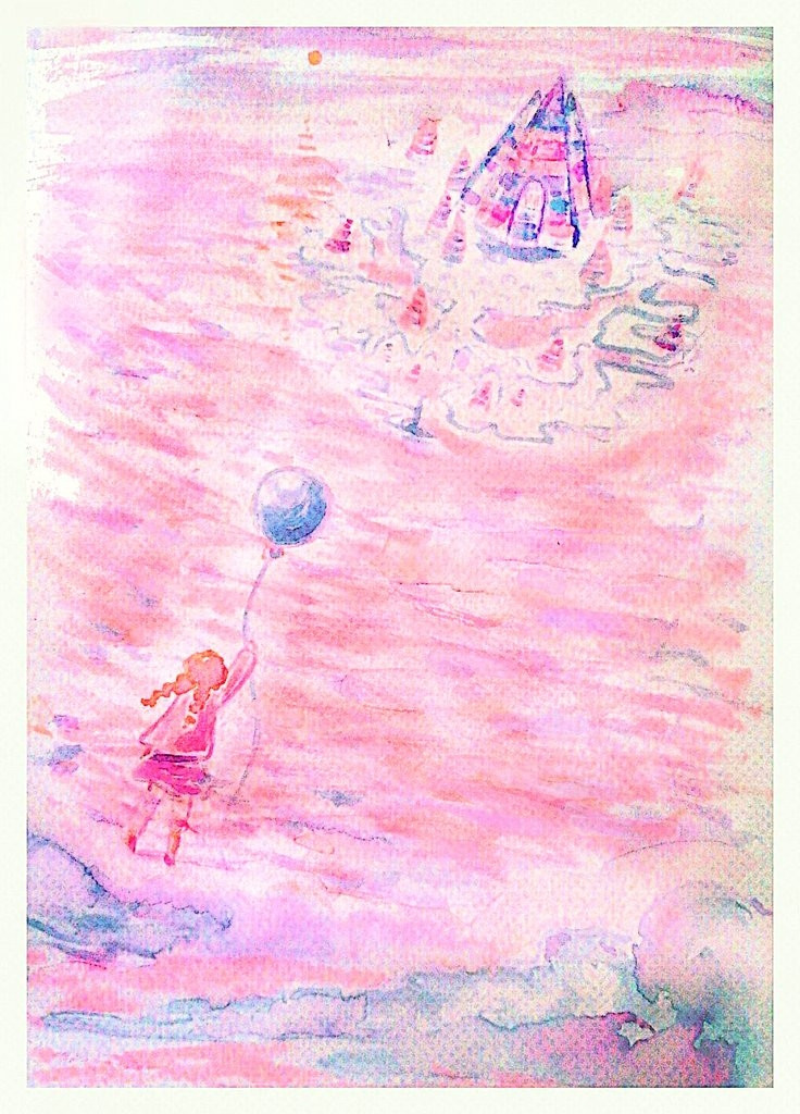 A dreamy watercolor painting of a small Madotsuki holding a blue balloon and floating above The Pink Sea towards Poniko's house. Pale pastel tones and gentle atmosphere. 