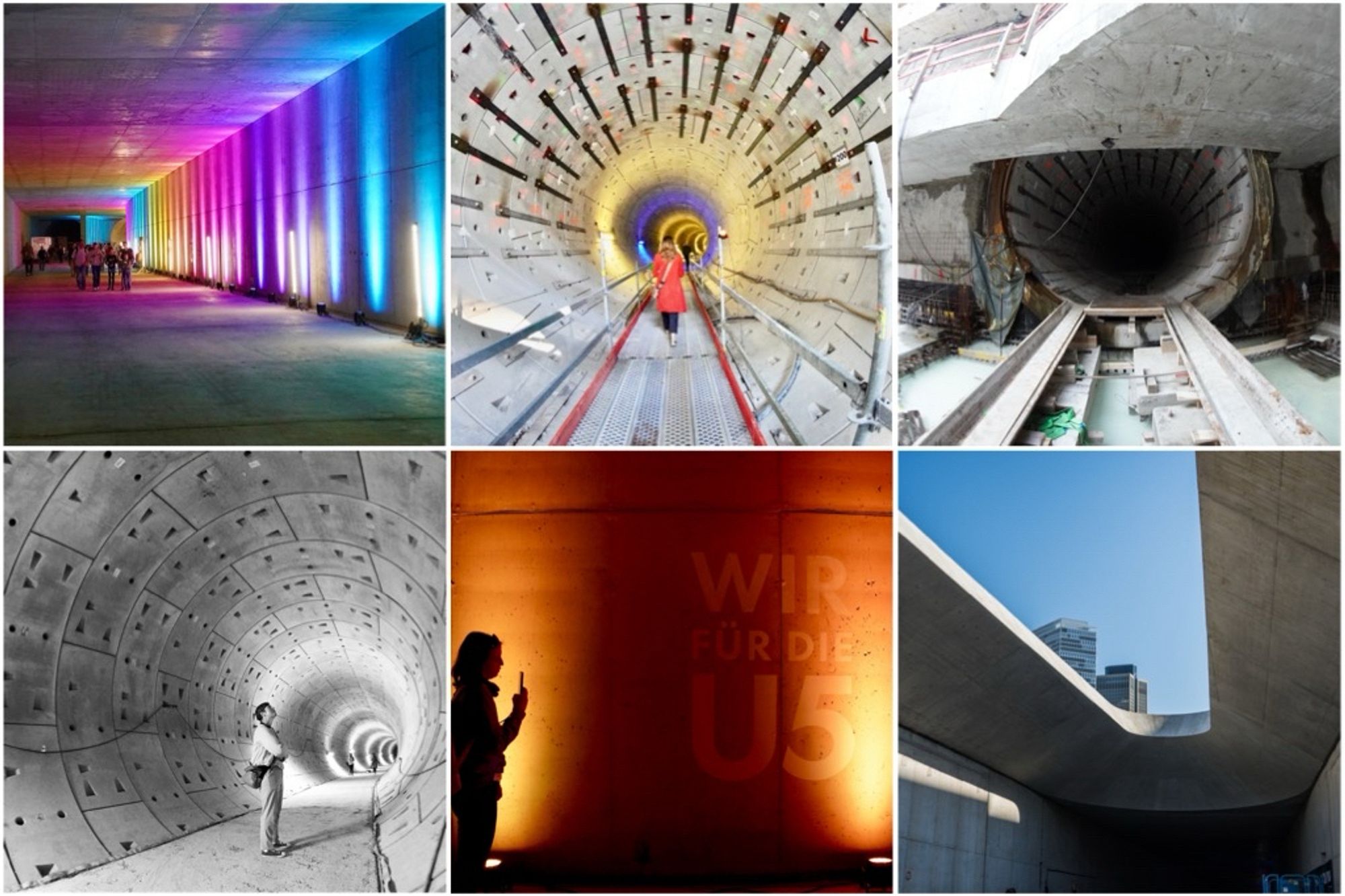 Hi Nico Collage aus sechs Bildern. Zuerst das Ende des neuen U-Bahn Tunnels mit Regenbogenfarben ausgeleuchtet. Dann ein Blick in den runden Rohbau nach hinten blau beleuchtet und eine Frau in einem roten Mantel in der Mitte. Ein Bild in die zweite Tunnelröhre von außen ein weiteres Bild Auf dem ich stehe und nach oben schaue. Nackte Betonwände. Ein Bild in warmer Atmosphäre. Auf dem steht an der Wand wir für die U5 und dem Schatten einer Frau, die ein Handy Foto macht. Zuletzt ein Bild von der ein oder Ausfahrt des Tunnels mit einem Blick durch die U-förmig geöffnete Betondecke. Die Spitzen von zwei Hochhäusern sind zu sehen.