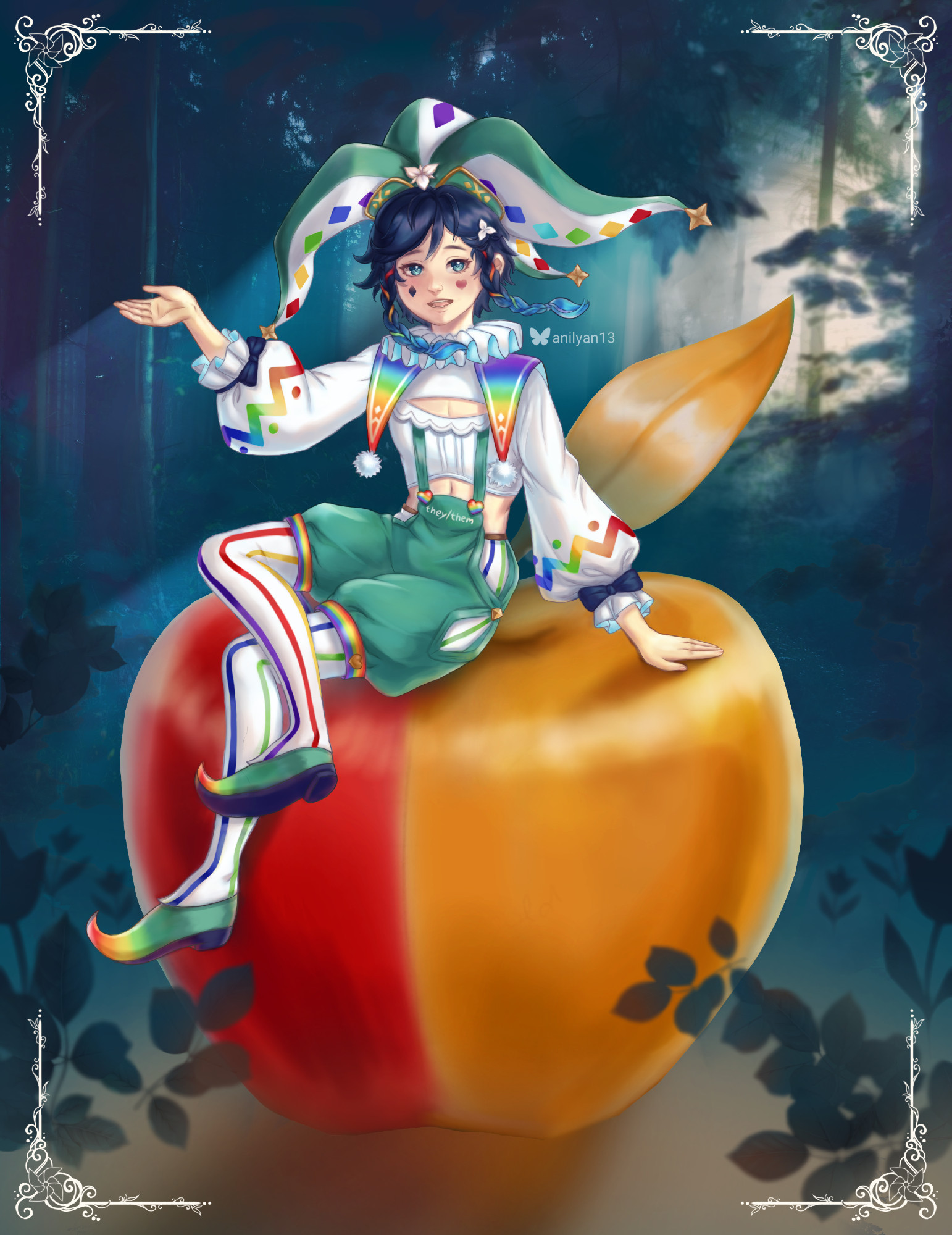 Improved version of my Jester Venti sketch, now more of a proper illustration. Sitting on an apple divided in 2 halves, 1 red and 1 gold, with a forest background and somewhat mysterious lighting. You can take it as a draw this again.