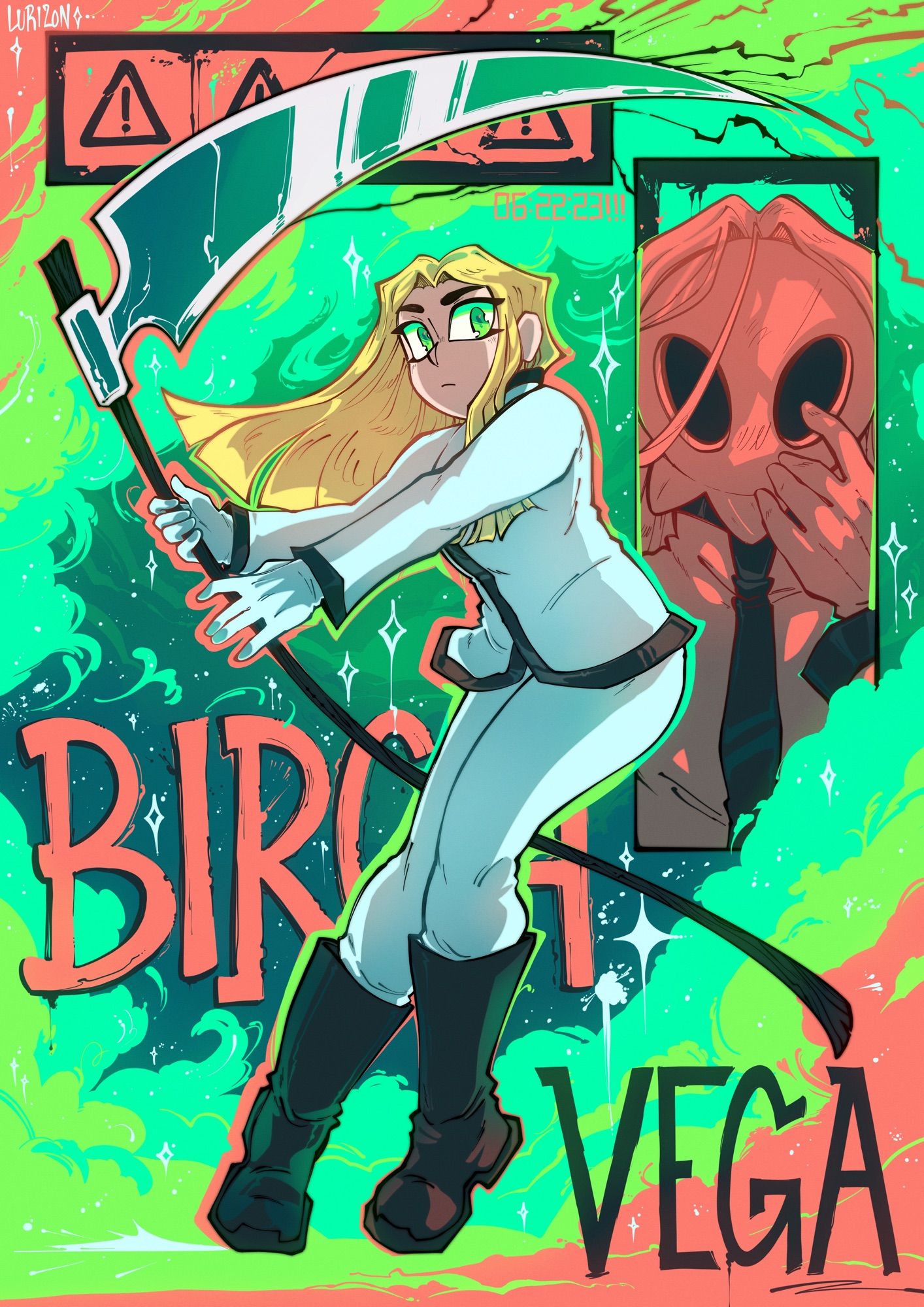 A digital drawing of a girl with a scythe. She has pale skin and long thin blonde hair, and the background shows a darker picture with her in her skull like mask. The background reads “Birch Vega.”