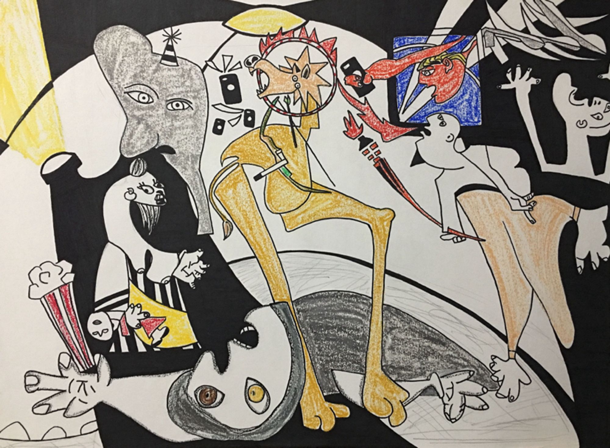 Interpretation of images from 2016 done in the style of Picassos Guernica