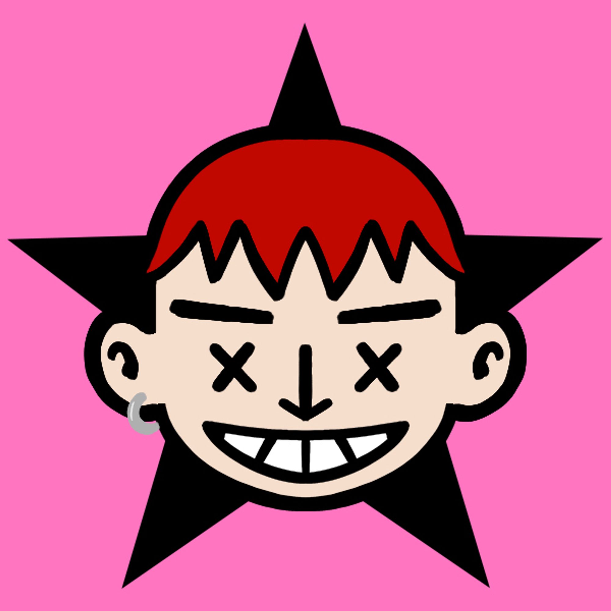 Cartoon image of kaykidoutai (Kay) with red hair, dead eyes and a smile, earring, on a pink background with a black star