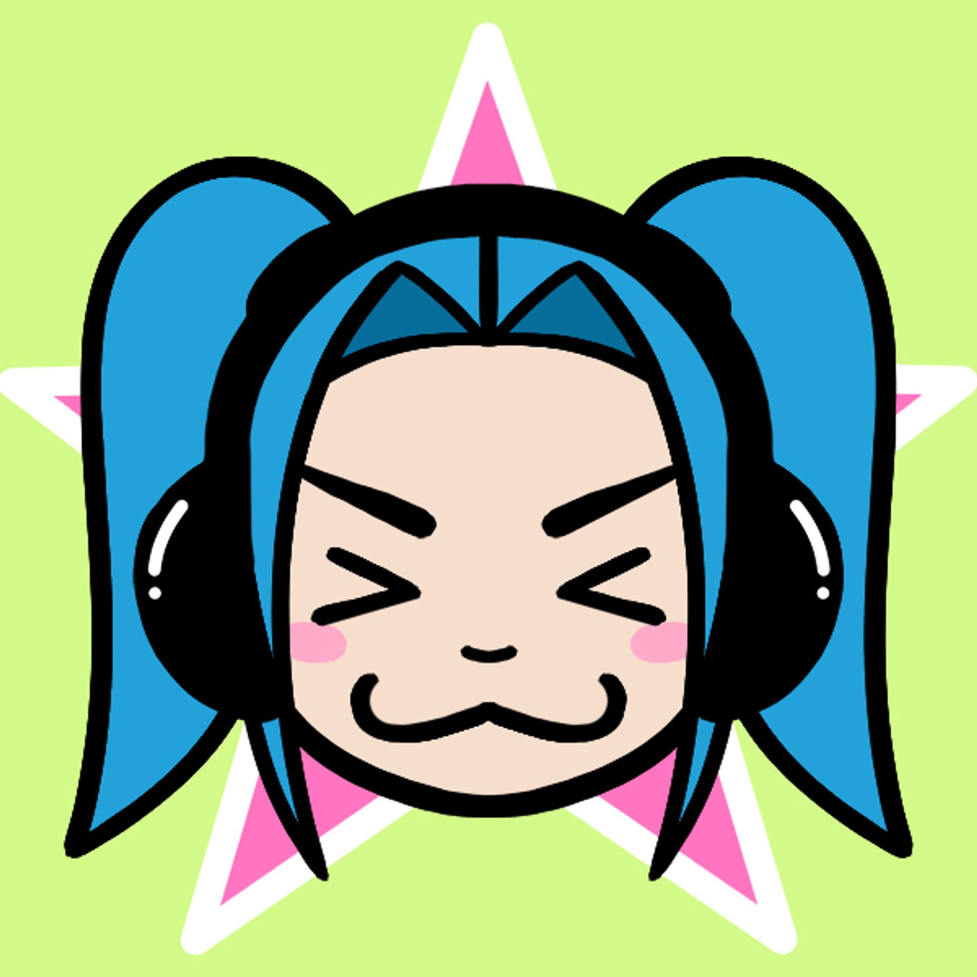 Cartoon image of neonplaidpants (Neon/Barry) with a cat face, blue hair, and headphones on a green and pink background 