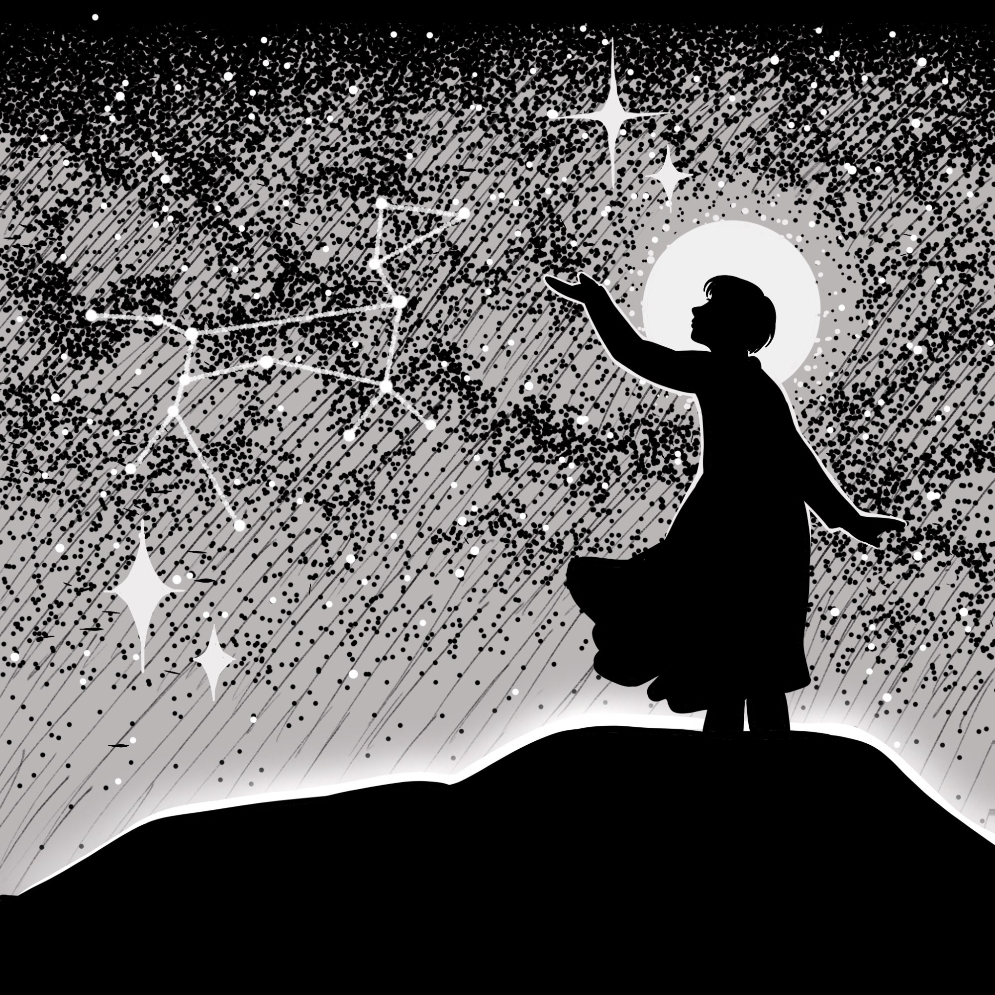 A black and white drawing of Euini standing on a hill in silhouette with a starry sky behind him. He is reaching out towards the Canis Major constellation.