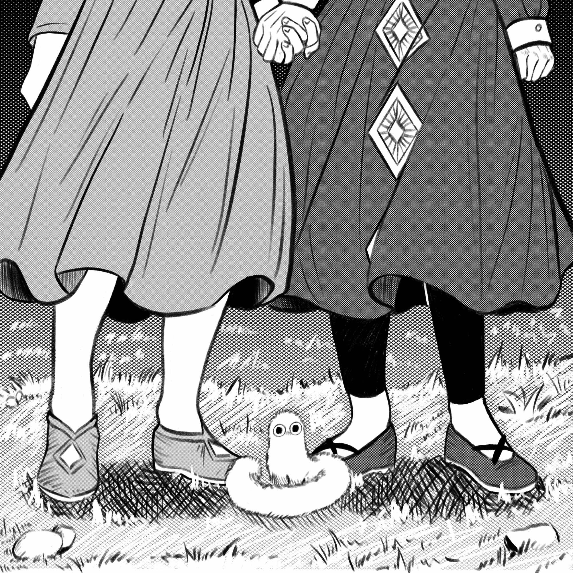 Black and white drawing of Coco and Agott holding hands in a grassy field. Coco is wearing a light gray dress and Agott is wearing a dark gray dress with three diamonds on the front. Brushbug is sitting between the two girls.