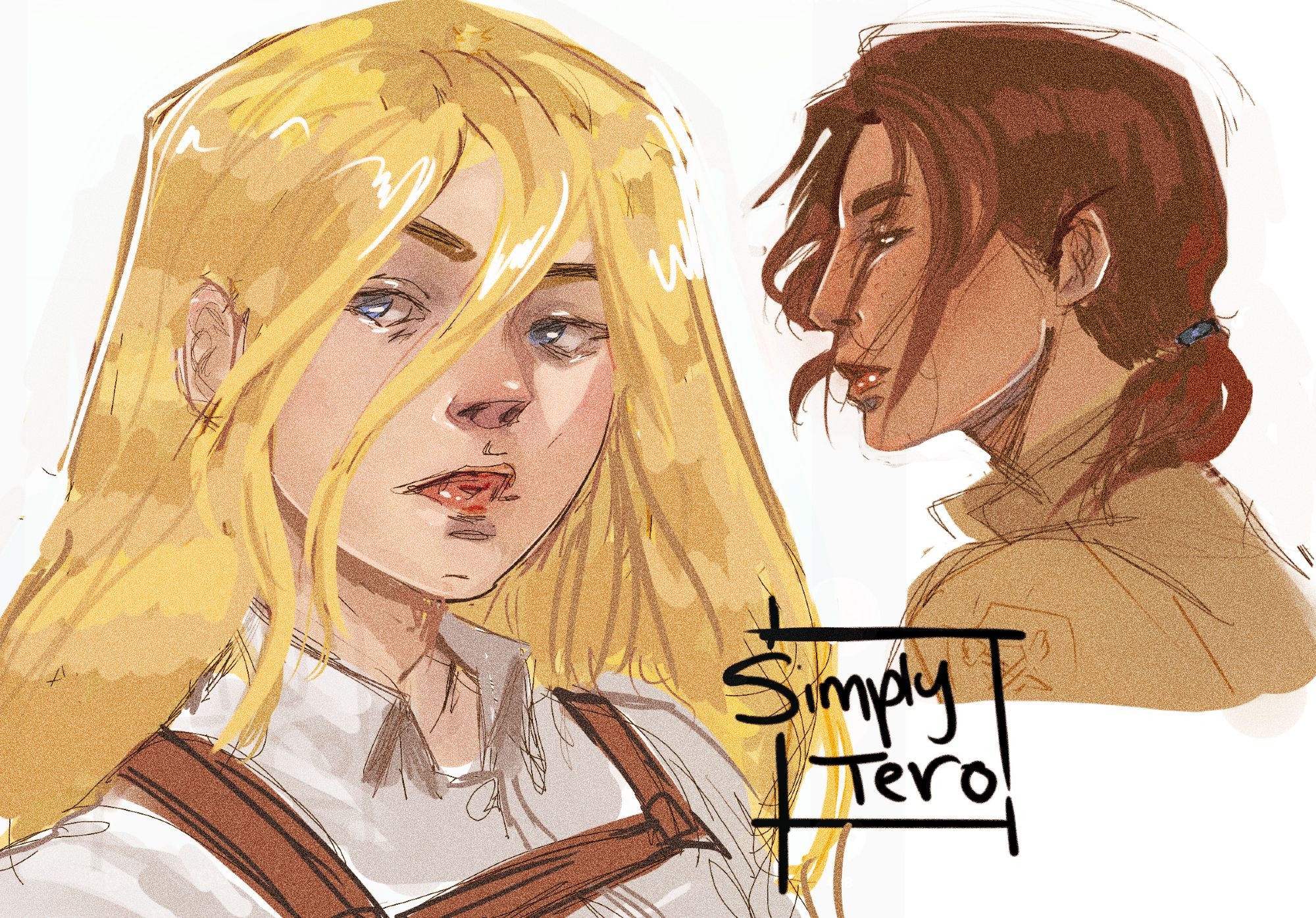 Portrait sketches of Ymir and Historia from Attack on Titan.