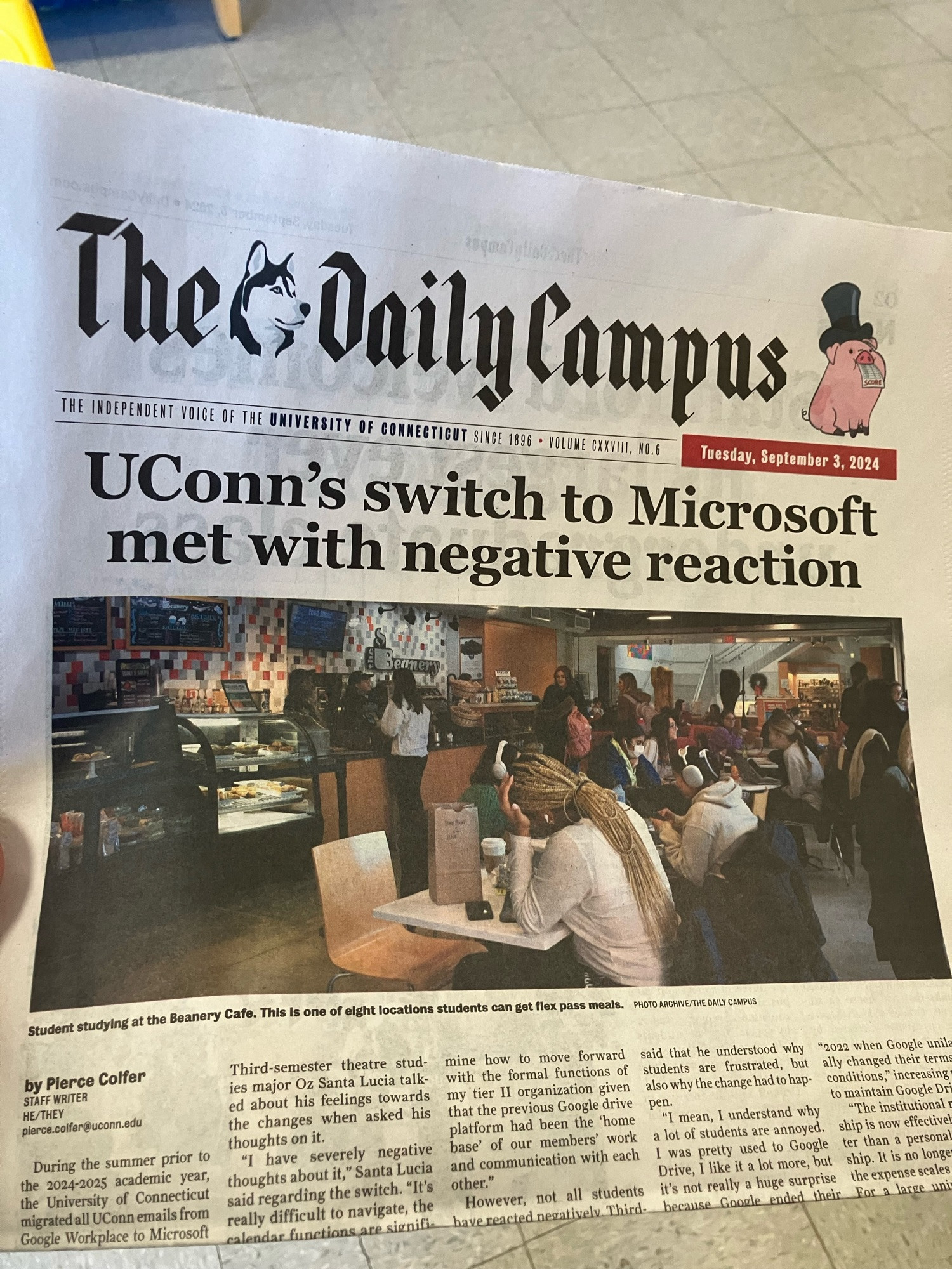 UConn newspapers front page with headline “UConn’s switch to Microsoft met with negative reaction”