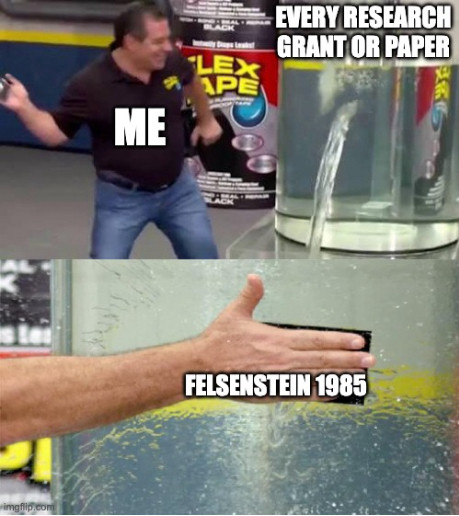 Flex tape meme where a guy (labeled as me) is standing next to the huge water tank with a hole in it (labeled every research grant or paper) and the second panel is a hand slapping tape over the hole (labeled as Felsenstein 1985).