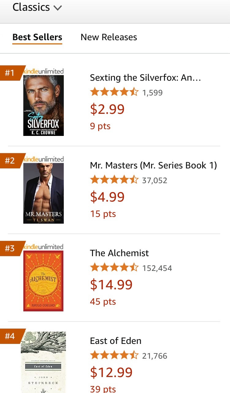 Screenshot of kindle e-book bestsellers in category “classics” with Sexting the Silverfox at #1.