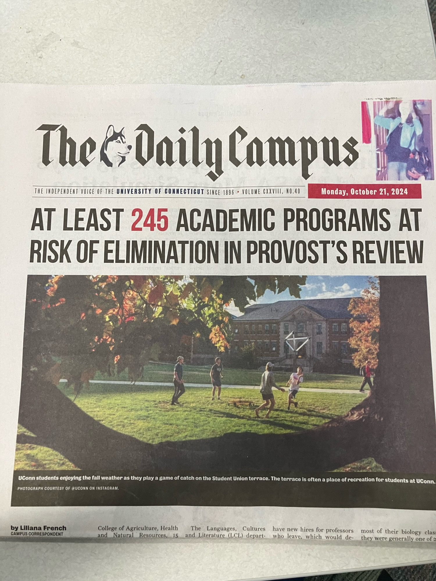 Front page of UConn daily campus with big headline “at least 245 academic programs at risk of elimination in provost’s review”