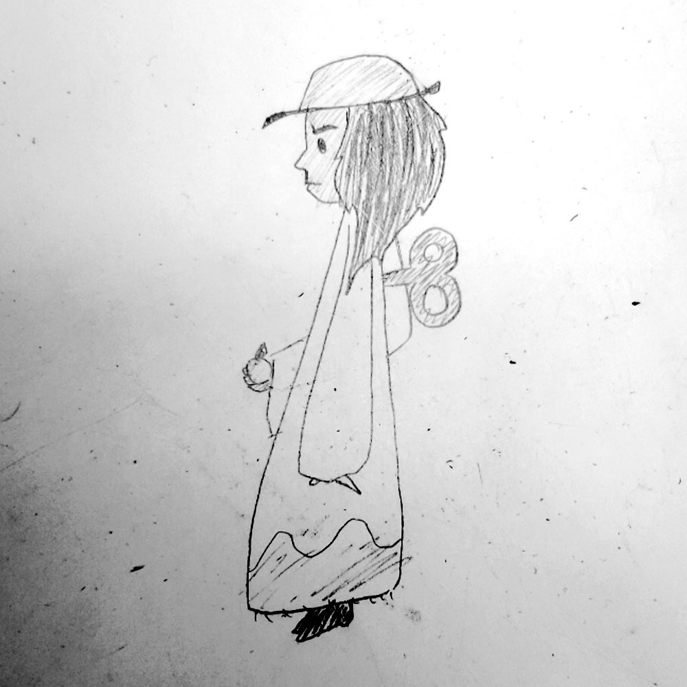 A profile view of Jim as a wind up toy, holding an orange.