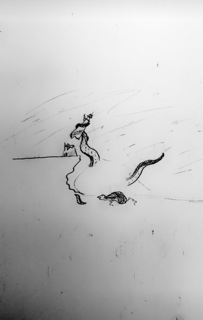 Tentacles coming out of the vague idea of a storm. One tentacle is holding onto the top half of a lighthouse, while the other half remains attached to the cliff