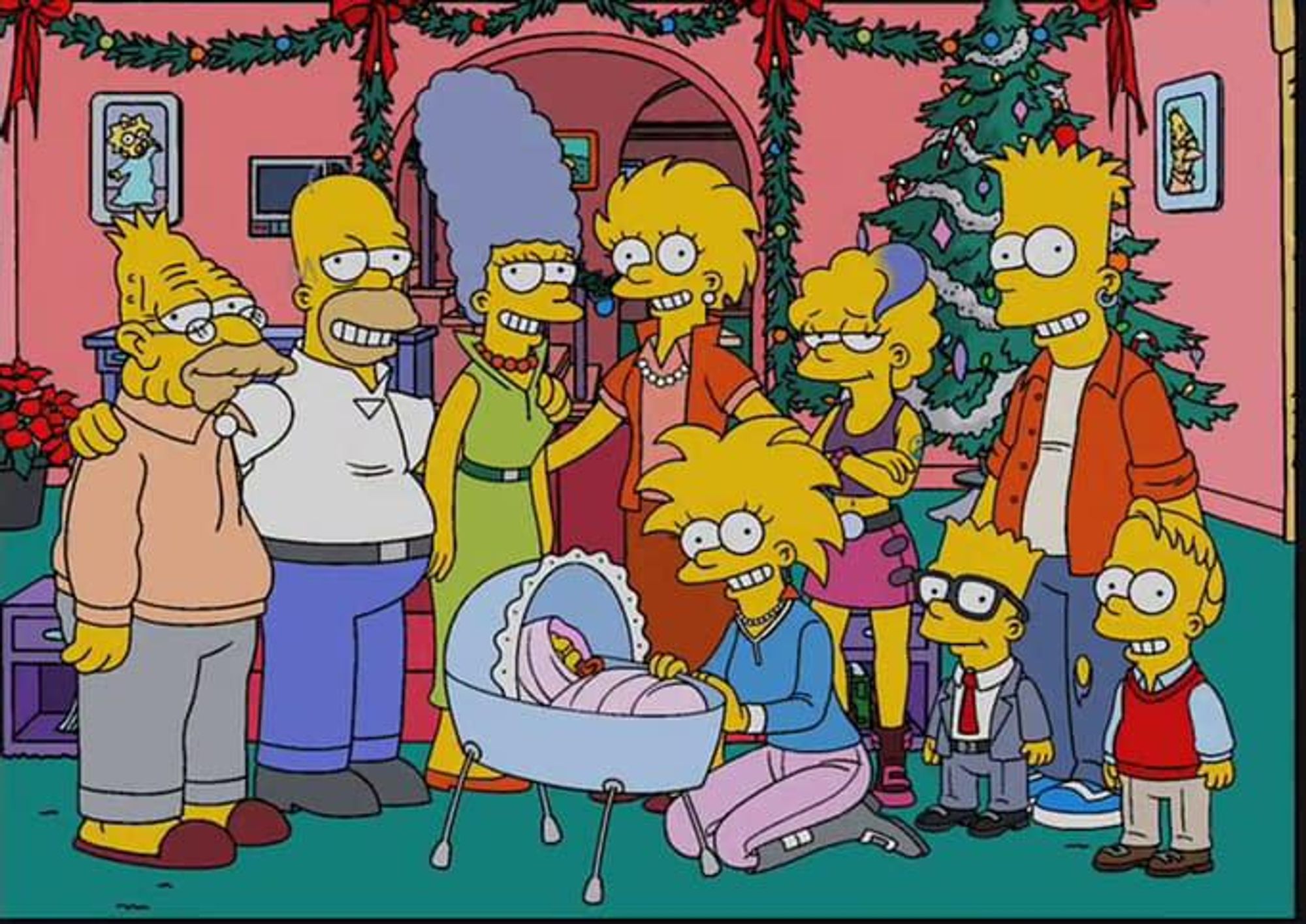 The Simpsons of tomorrow pose for a Christmas photo in "Holidays of Future Passed."