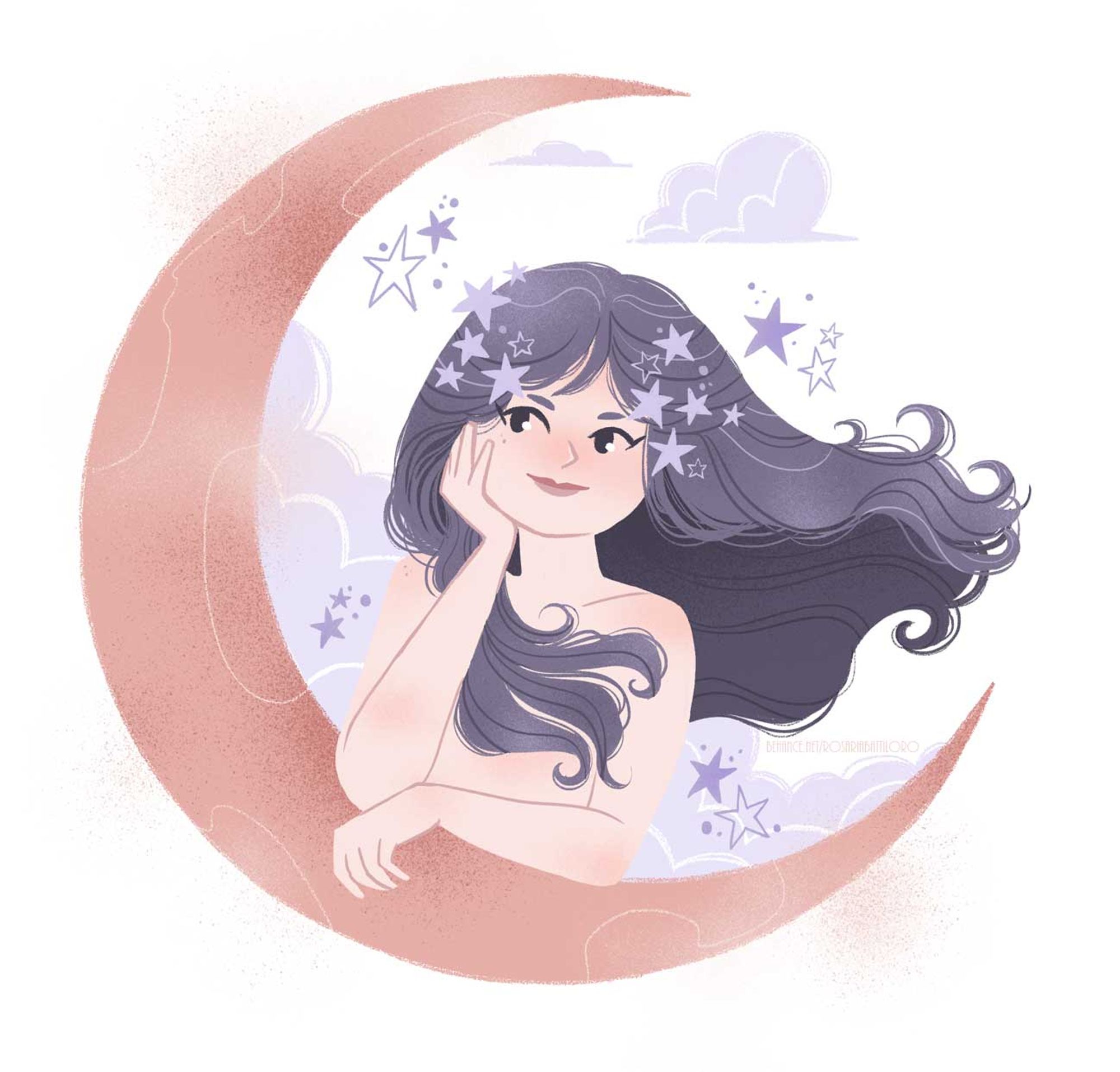 a girl with violet hair and stars around her head leaning on an half moon