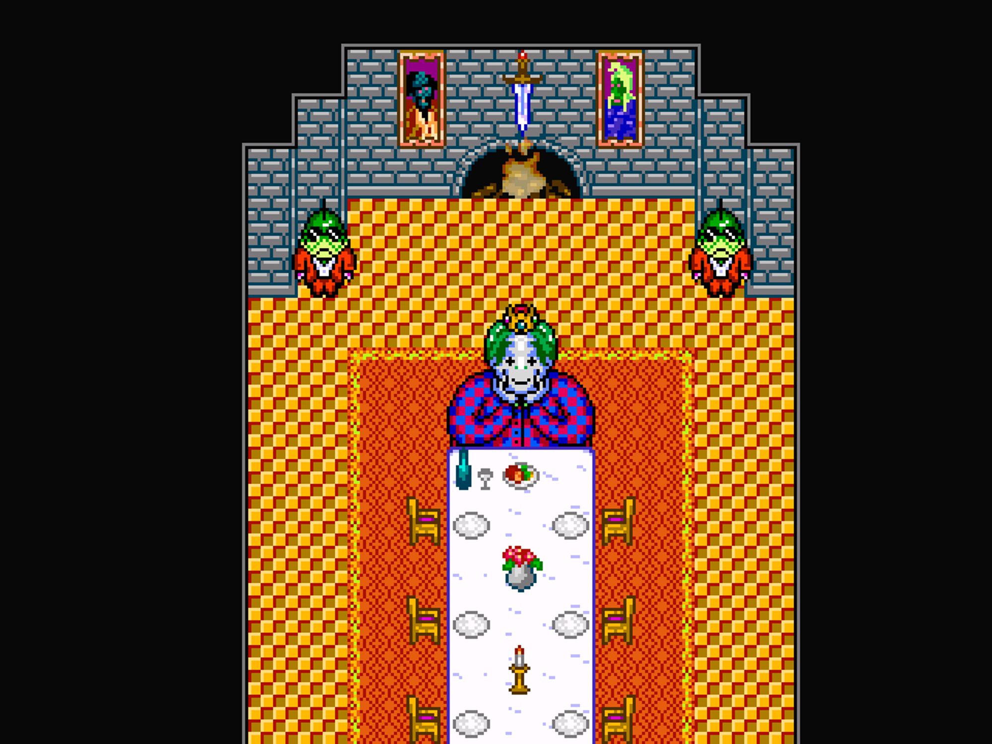 A screenshot from an early version of Octopus City Blues. A smiling crowned figure sits at the end of a table in a fancy dining hall, surrounded by two fish guards.