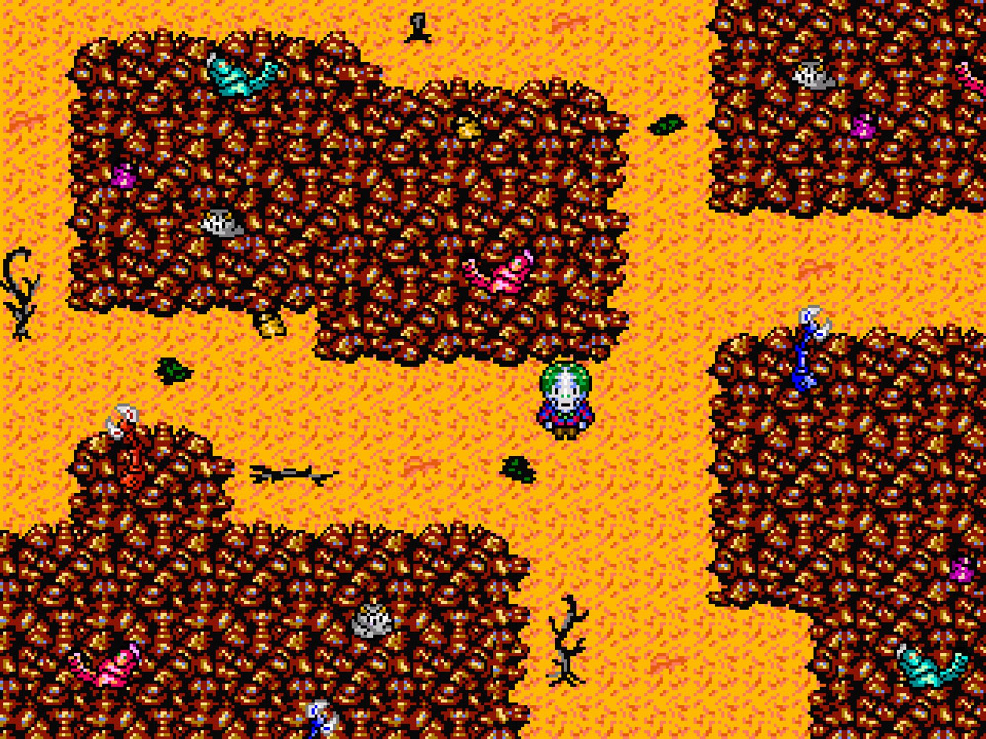 A screenshot of an early version of the Robot Graveyard from Octopus City Blues. The main character is standing among piles of junk and robot parts.