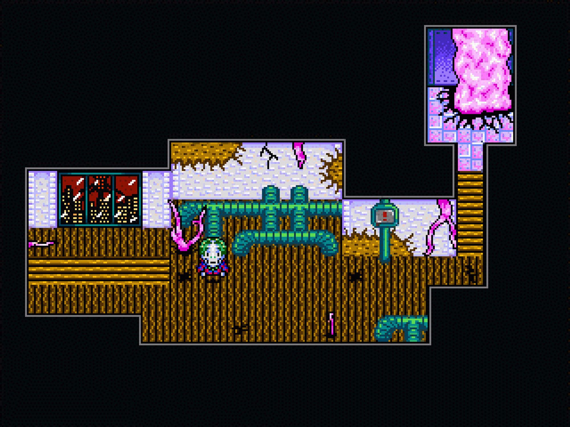 An animated screenshot of an early version of Kaf's apartment from Octopus City Blues, showing a wooden floor and various tentacles and pipes.