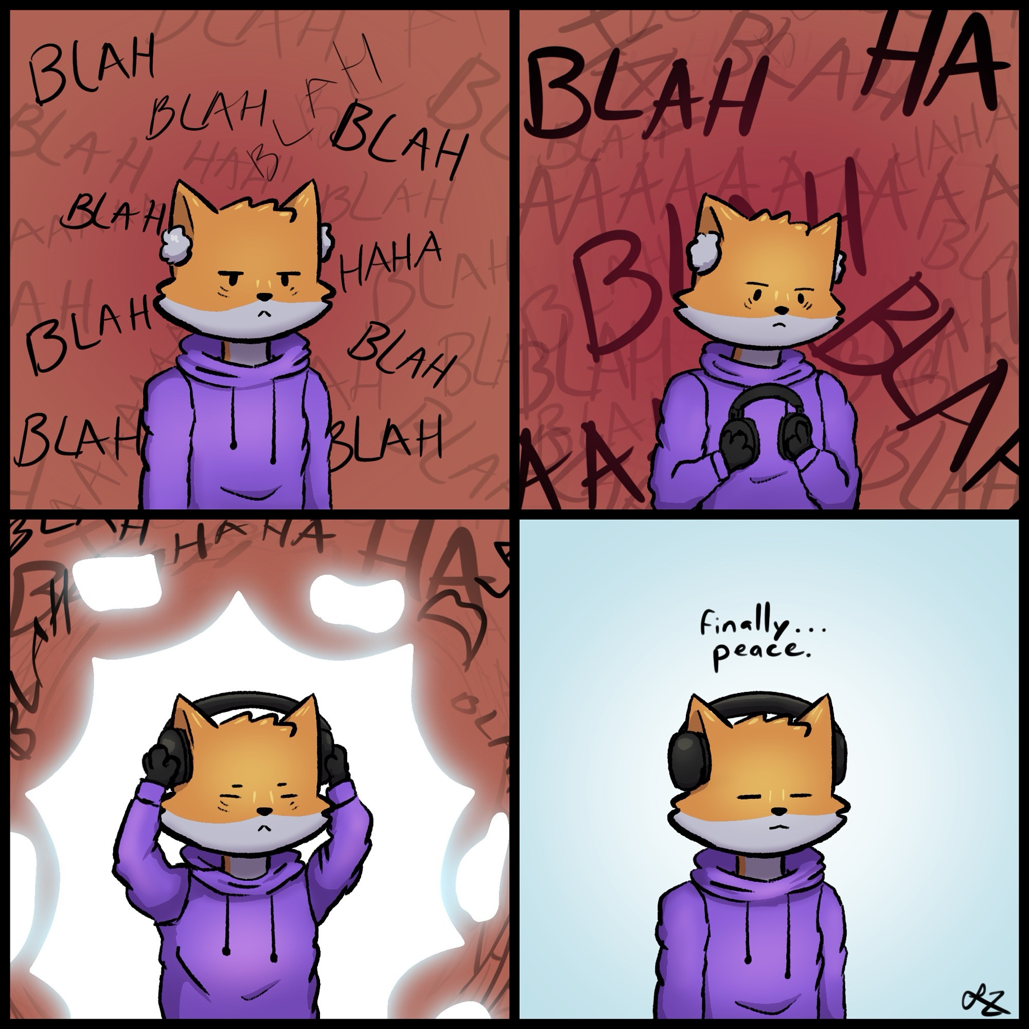 A comic featuring my sona, Ren, putting on headphones to escape the sensory torture that is crowds of people speaking.