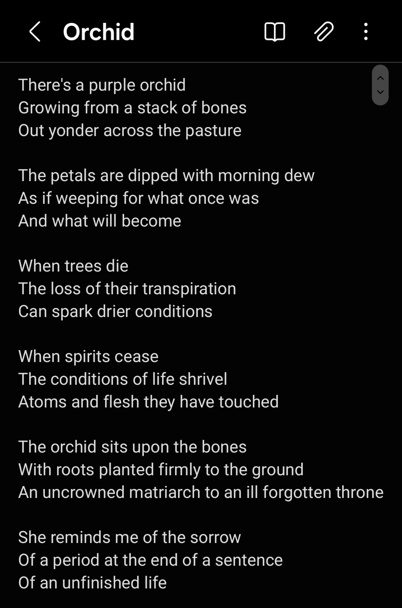 There's a purple orchid 
Growing from a stack of bones
Out yonder across the pasture

The petals are dipped with morning dew
As if weeping for what once was
And what will become

When trees die 
The loss of their transpiration 
Can spark drier conditions

When spirits cease
The conditions of life shrivel
Atoms and flesh they have touched

The orchid sits upon the bones
With roots planted firmly to the ground
An uncrowned matriarch to an ill forgotten throne

She reminds me of the sorrow
Of a period at the end of a sentence
Of an unfinished life