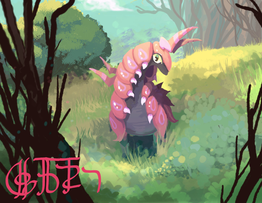 A Scolipede standing in a green-blue grassy field. The borders are adorned with thickets and tree branches, and the background drops off into a vast cliff hidden by blue fog. The text on the bottom left reads "Scoliopede" in my conlang il'suastet, because I was dumb and didn't know how to spell the creature's name LMAO