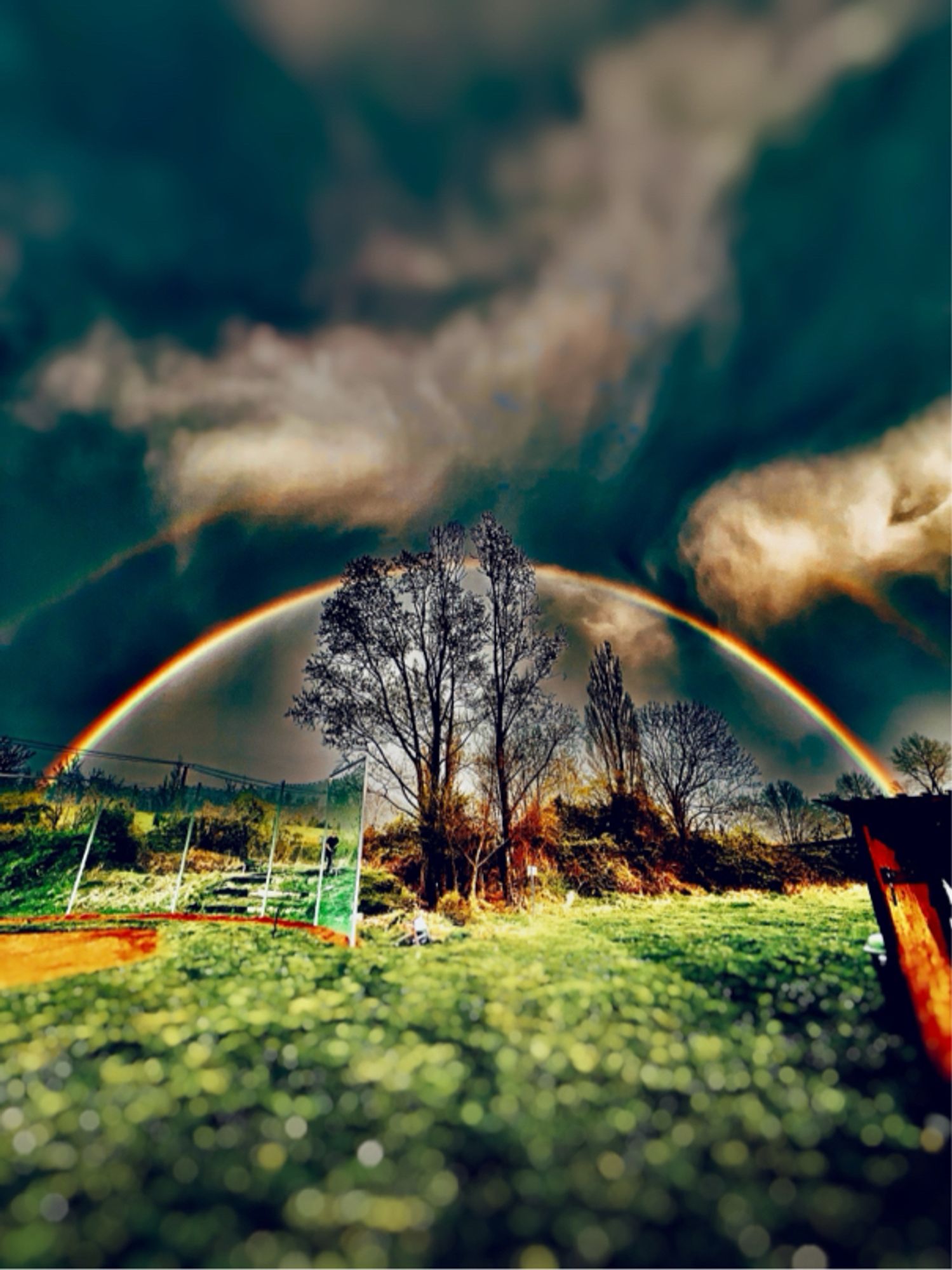 Double rainbows over a softball field.