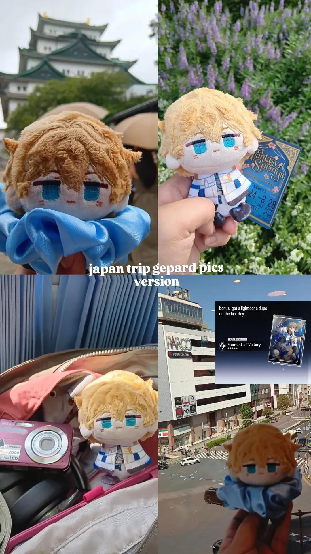 a collage of four pictures with the text "japan trip gepard pics version" on the middle. it features a small plushie of gepard landau from honkai star rail held with different backgrounds.

backgrounds:

upper left: nagoya castle
upper right: flowers with a fanstasy springs train ticket
lower left: inside a bag with other supplies such as a digital camera 
lower right: a cityscape