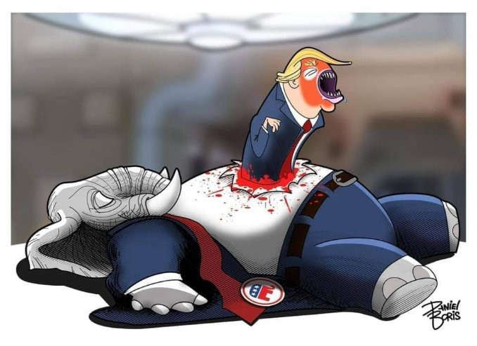 An anthropomorphic Elephant wearing a suit and a GOP Badge, lies dead, sprawled out on the floor.  From it's bloody, torn chest, burt an Alien Baby Trump- with little hands, a big mouth, and sharp teeth.  His jaws are open.