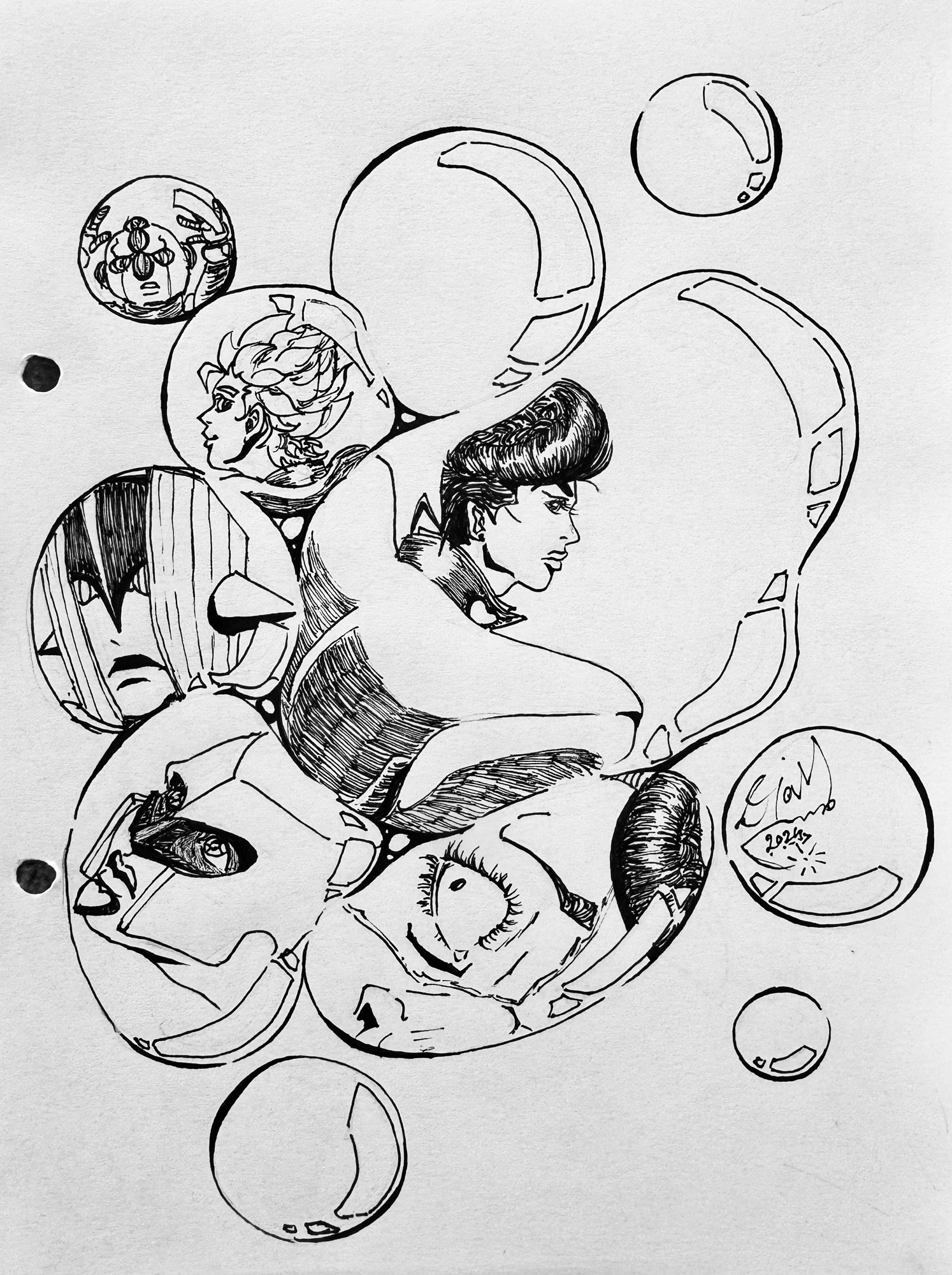 Illustration with soap bubble theme. Each bubble contains a character or stand from part 4 of Jojo’s Bizarre Adventure: Diamond Is Unbreakable. Josuke is in center and around him there is from bottom to top: Okuyasu, Crazy Diamond, The Hand, Koichi and Echoes Act 3. 