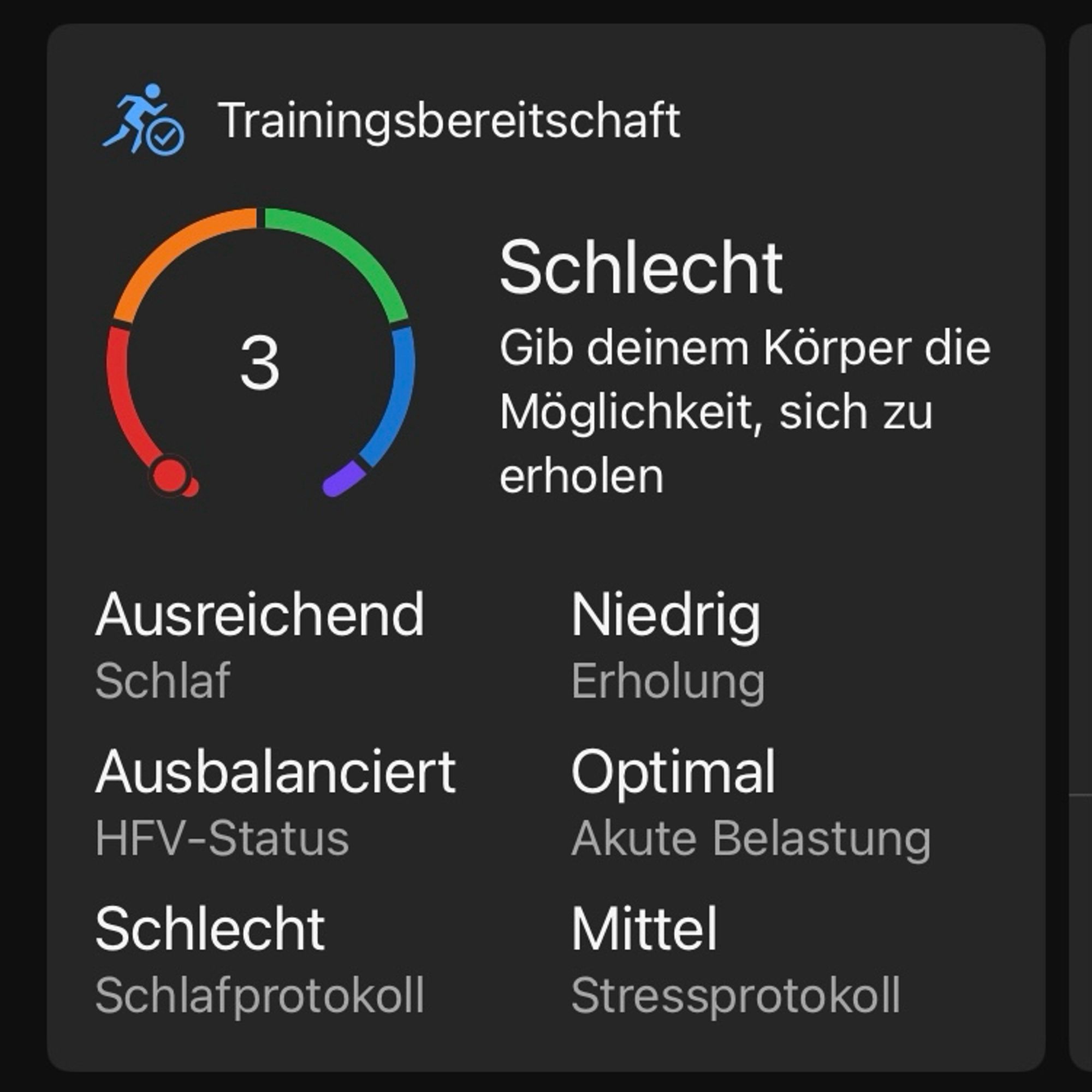 Screenshot der Trainingsapp mit der schlechtestmöglichen Trainingsbeteitschaft - Gott sei Dank nach dem Laufen!