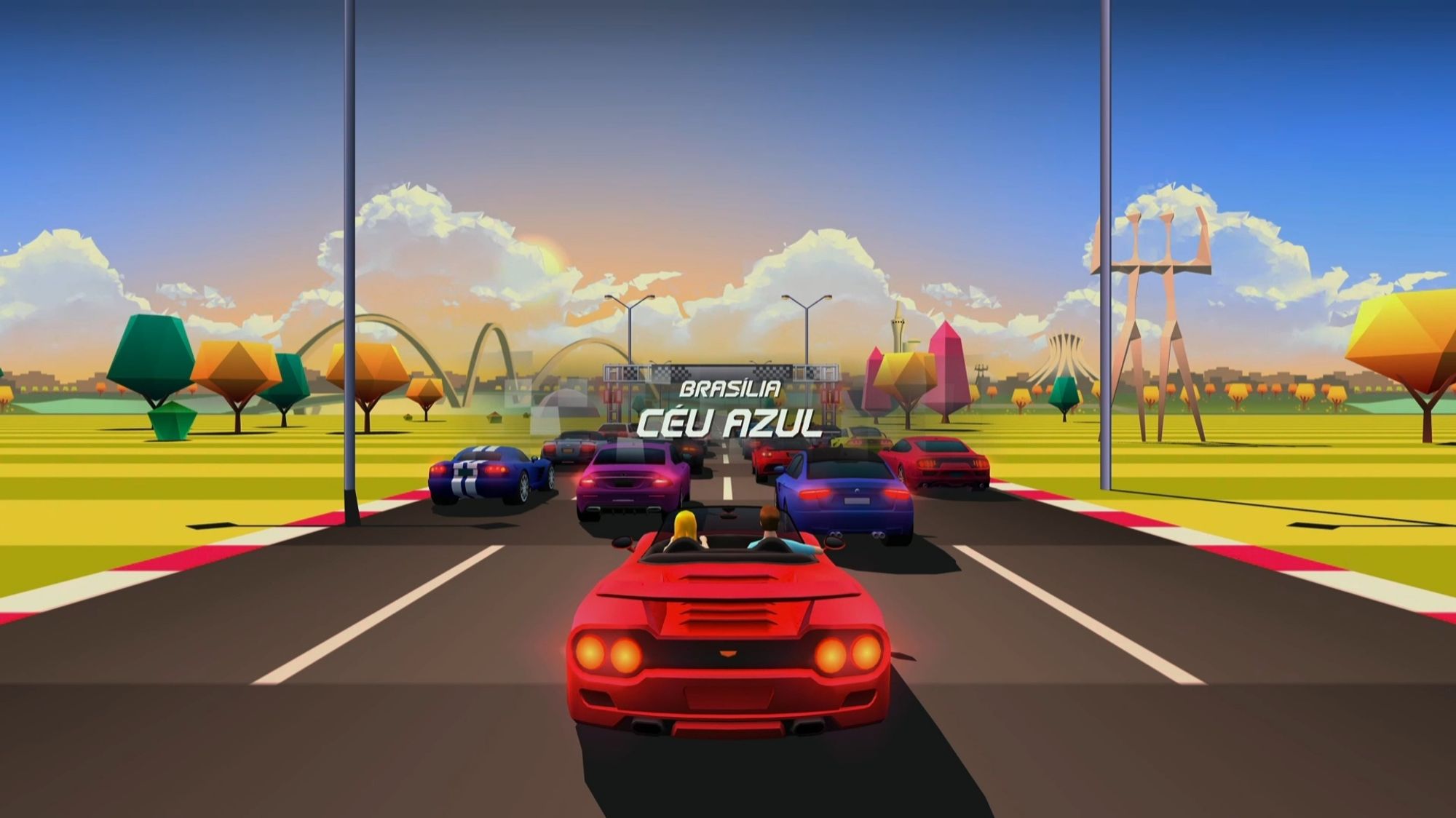 Captura de tela do jogo de corrida Horizon Chase Turbo mostrando o grid de largada com os carros. No meio da tela, o título da pista é "Brasília - Céu Azul"