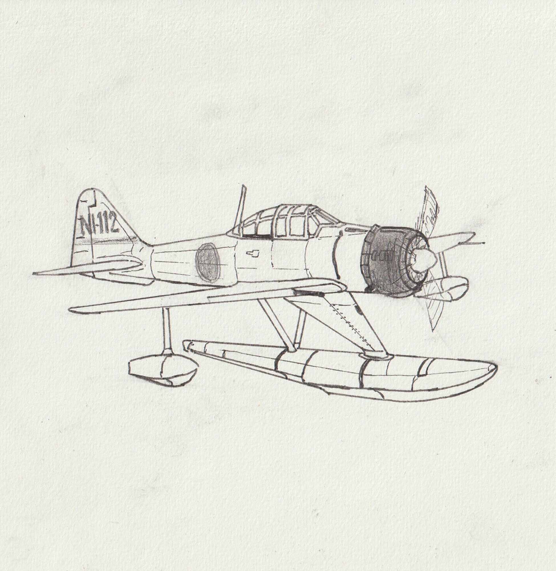 Dessin au crayon et au feutre d'un avion Nakajima A6M2-N