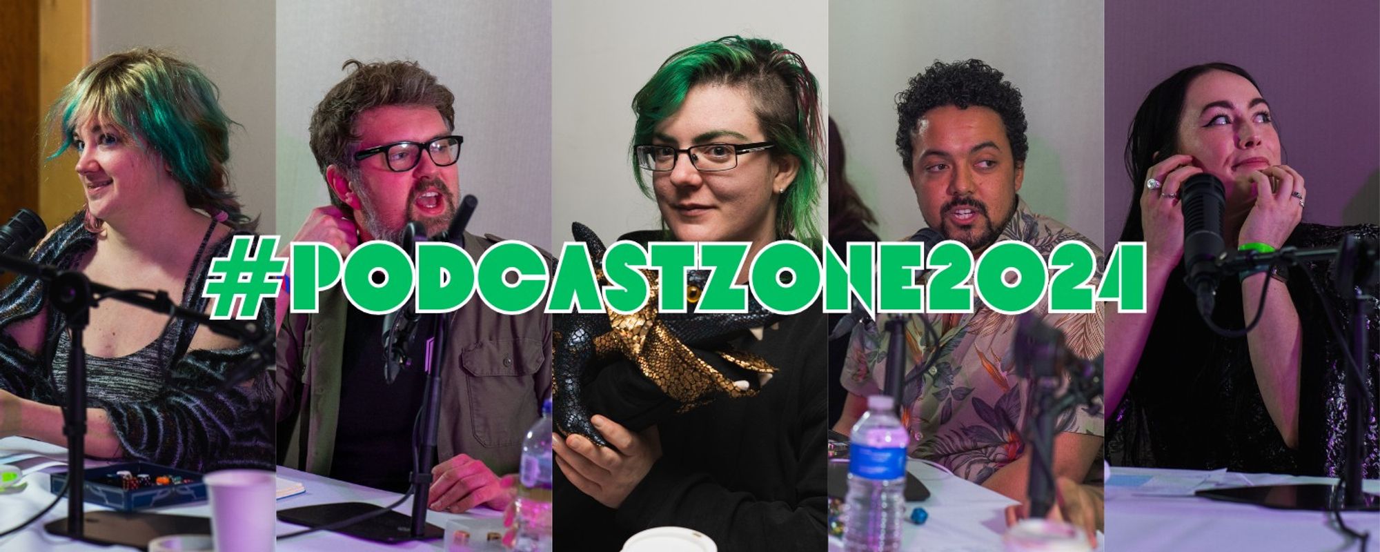 A college of images of podcasters from last year's PodcastZone. The phrase #PodcastZone2024 is displayed in the center with green and white outlined letters. Photos by Ryan Reed Photography.