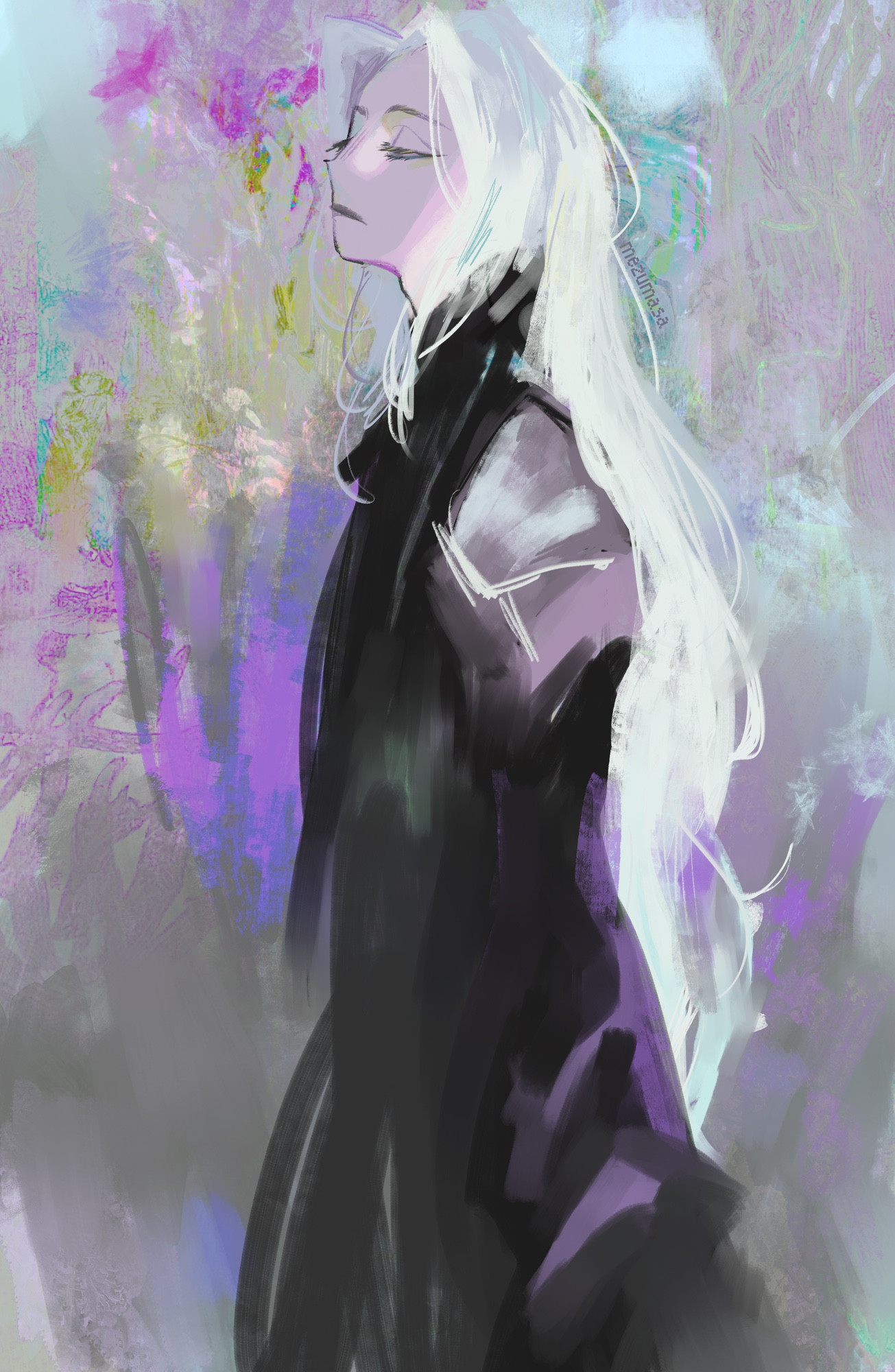 Sephiroth from Final Fantasy. The background is very vibrant with messy brush strokes.