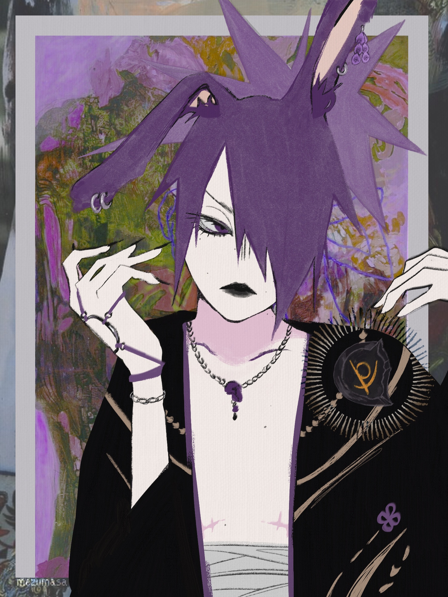 My original character/wol from the game Final Fantasy XIV. He has tied up spiky purple hair with the bangs covering the left side of his face, dark purple eyes, top surgery scars on his chest and bunny ears with piercings. He is heavily inspired by visual kei.