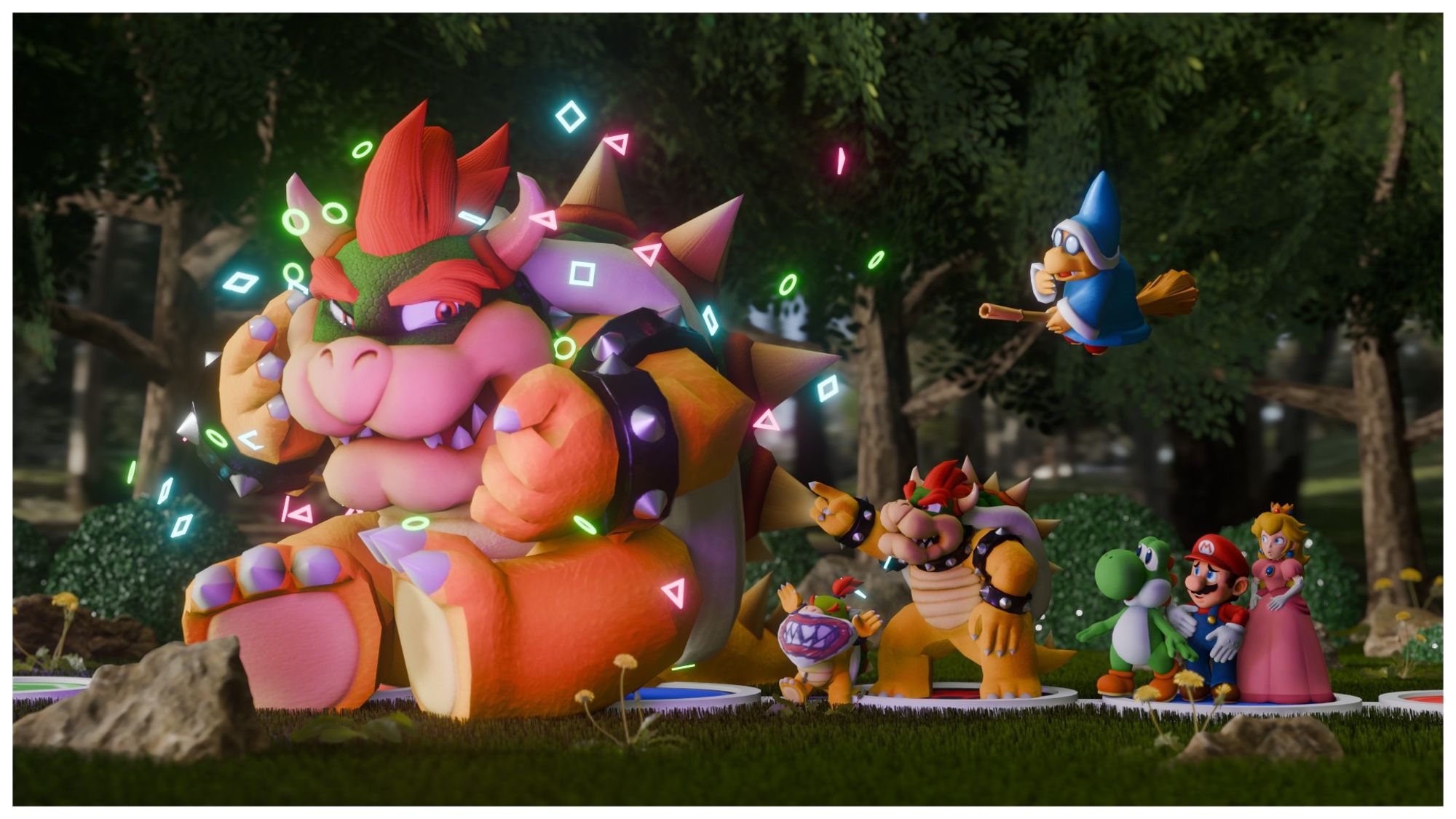 A render of a Fake Bowser cowering from Bowser scolding it, and Junior trying to scare it. Mario, Yoshi, Peach and Kamek looks on, possibly thinking if this is fair.