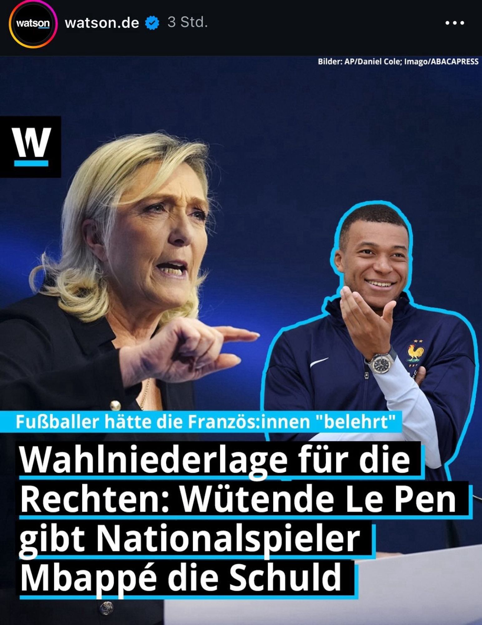 “Fußballer hätte die Französinnen "belehrt" Wahlniederlage für die Rechten: Wütende Le Pen gibt Nationalspieler Mbappé die Schuld”