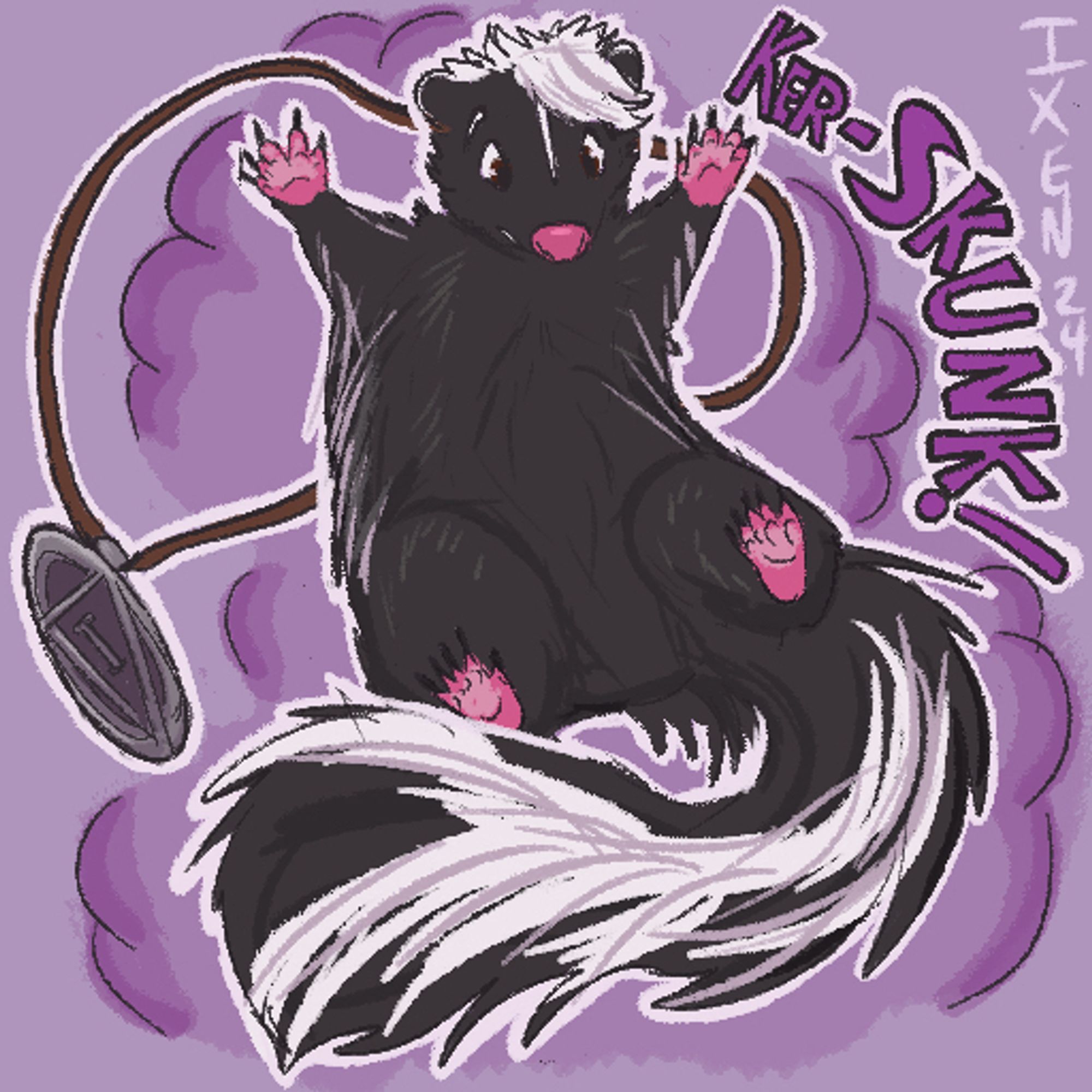 A lavender cloud envelops a charming Ari having been turned into a skunk in midair, with her paws dangling and her amulet slipping around her.