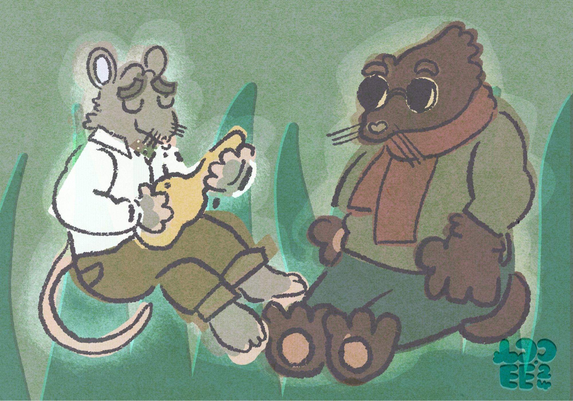 An illustration of a rat playing a stringed instrument and a mole, inspired by The Wind in the Willows. Rat has his eyes closed, wearing a white shirt with red polka dot cravate and some chinos. Mole sits by him attentively, wearing a pair of glasses, a green jumper with a red scarf and grey trousers. Illustrated on a green background with suggested green grass.