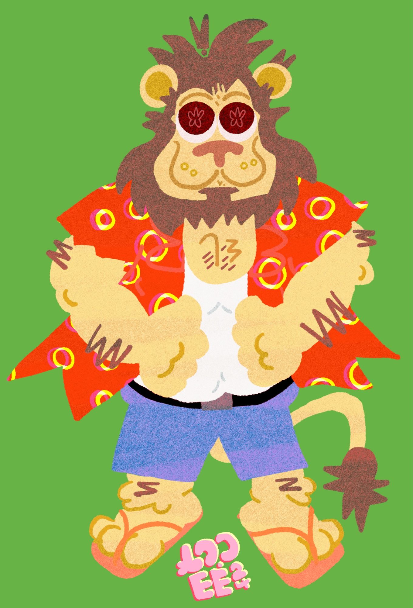 A riso print style lion wearing flip flops, a white tank and red shirt with blue shorts looks up to the sky, his eyes full of stars on a green background