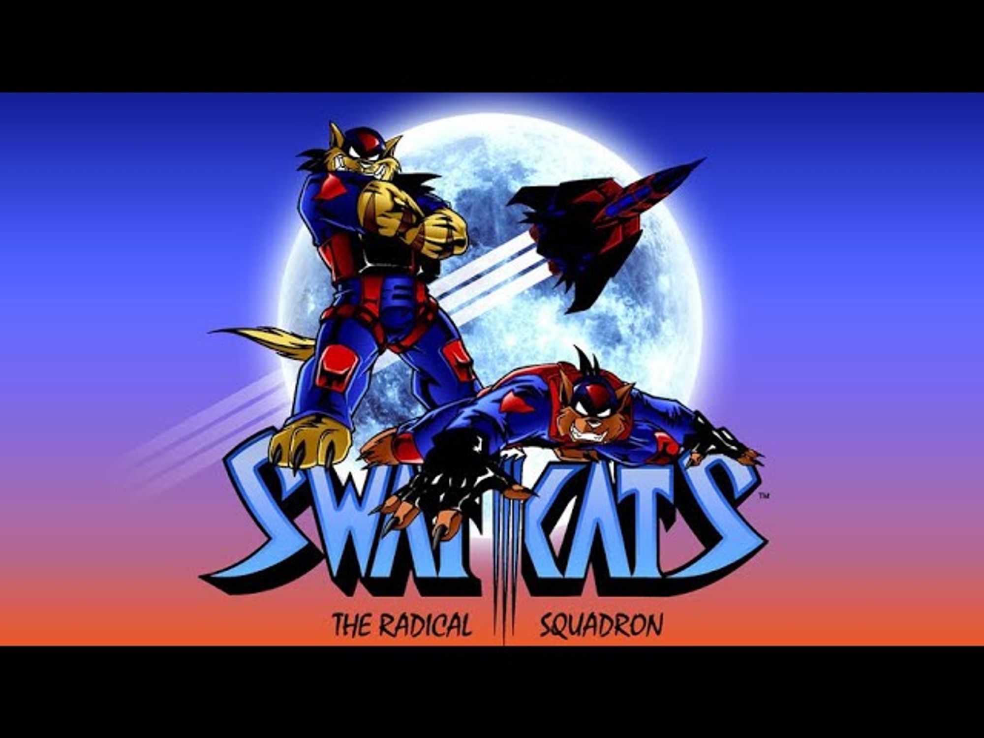 A title image for Swat Kats: The Radical Squadron, with beefy T-Bone standing proudly and lithe Razor crouching over the stylized title, both emanating smug menace, with the Turbokat jet flying in the background superimposed over a full moon.