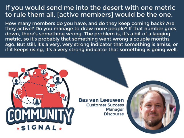 “If you would send me into the desert with one metric to rule them all, [active members] would be the one. How many members do you have, and do they keep coming back? Are they active? Do you manage to draw more people? If that number goes down, there’s something wrong. The problem is, it’s a bit of a lagging metric, so it’s probably that something went wrong a couple months ago. But still, it’s a very, very strong indicator that something is amiss, or if it keeps rising, it’s a very strong indicator that something is going well.” -Bas van Leeuwen, Customer Success Manager, Discourse