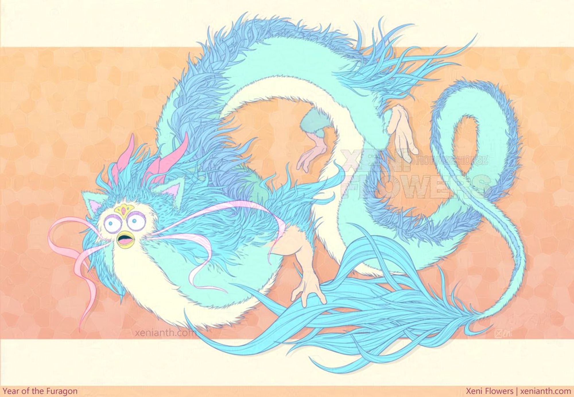 Digital color illustration of a long, furry Furby dragon in pastel colors. Its hair and mane go all the way down the top of its body, ending in a long tail with lots of long strands of hair. Its body is curled and twisting in loops and semicircles. Its mouth and eyes are wide open and it's staring intently past the canvas with small pupils.