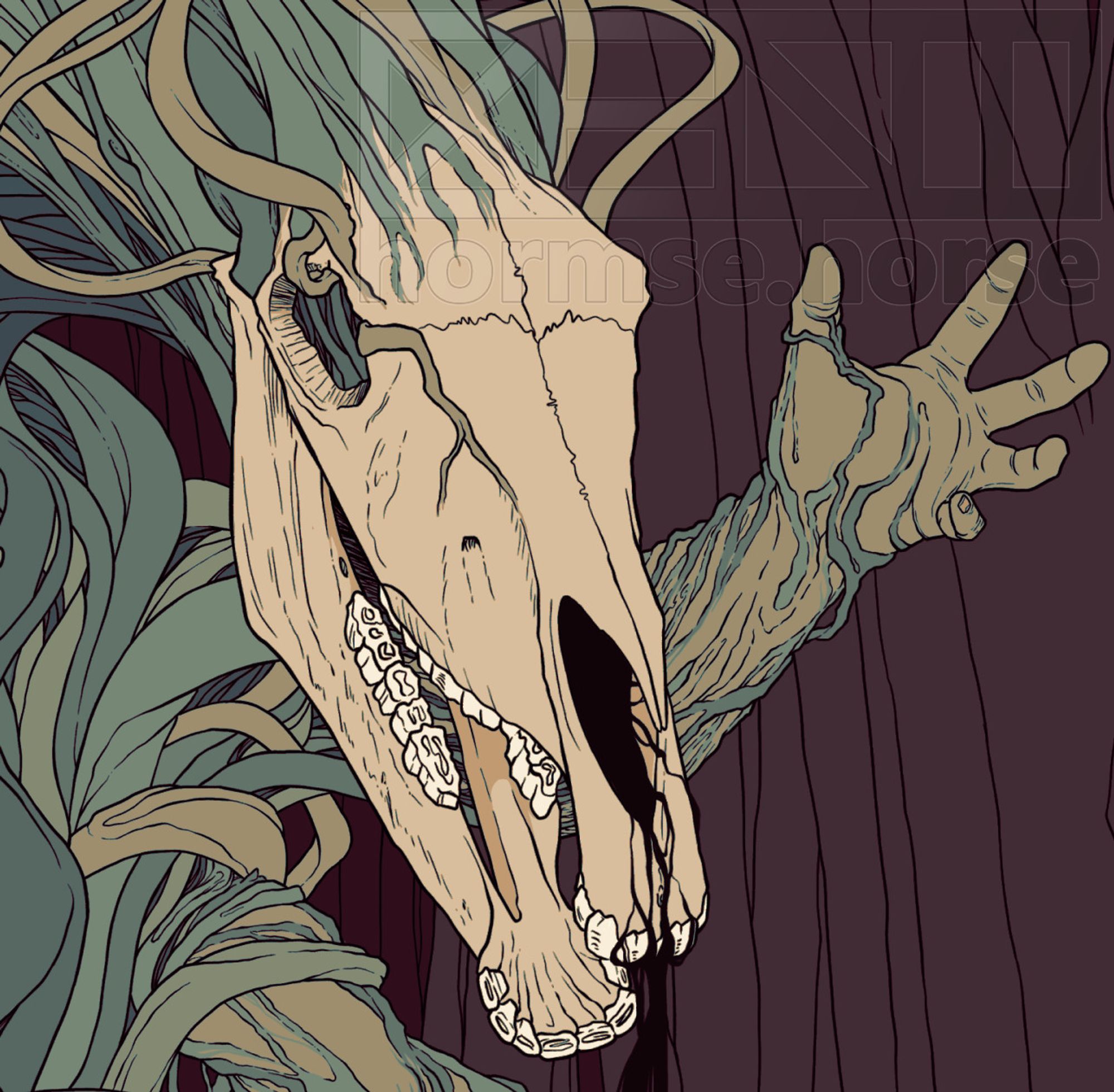 illustration of a creature with a horse skull head and numerous twisting vines/roots for a body. their left hand is raised next to their head.