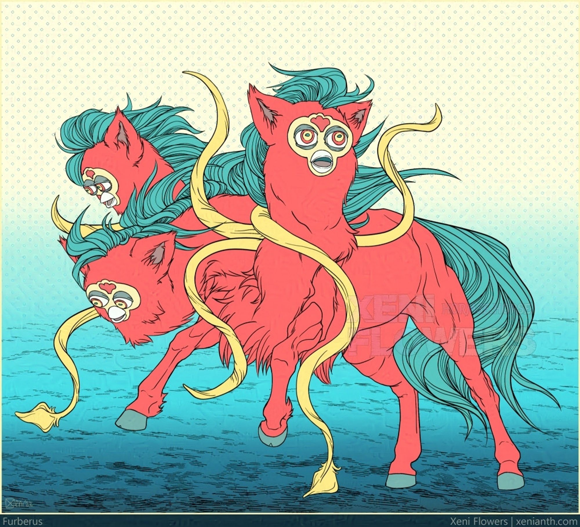 Digital color illustration, title at bottom: Furberus. A creature with a lunging horse body and three furry Furby heads all facing in different directions. Several tentacles come out from where the necks meet the body. Each head has a horse mane running down its neck. The body is bright orange and the manes and tail are blue.